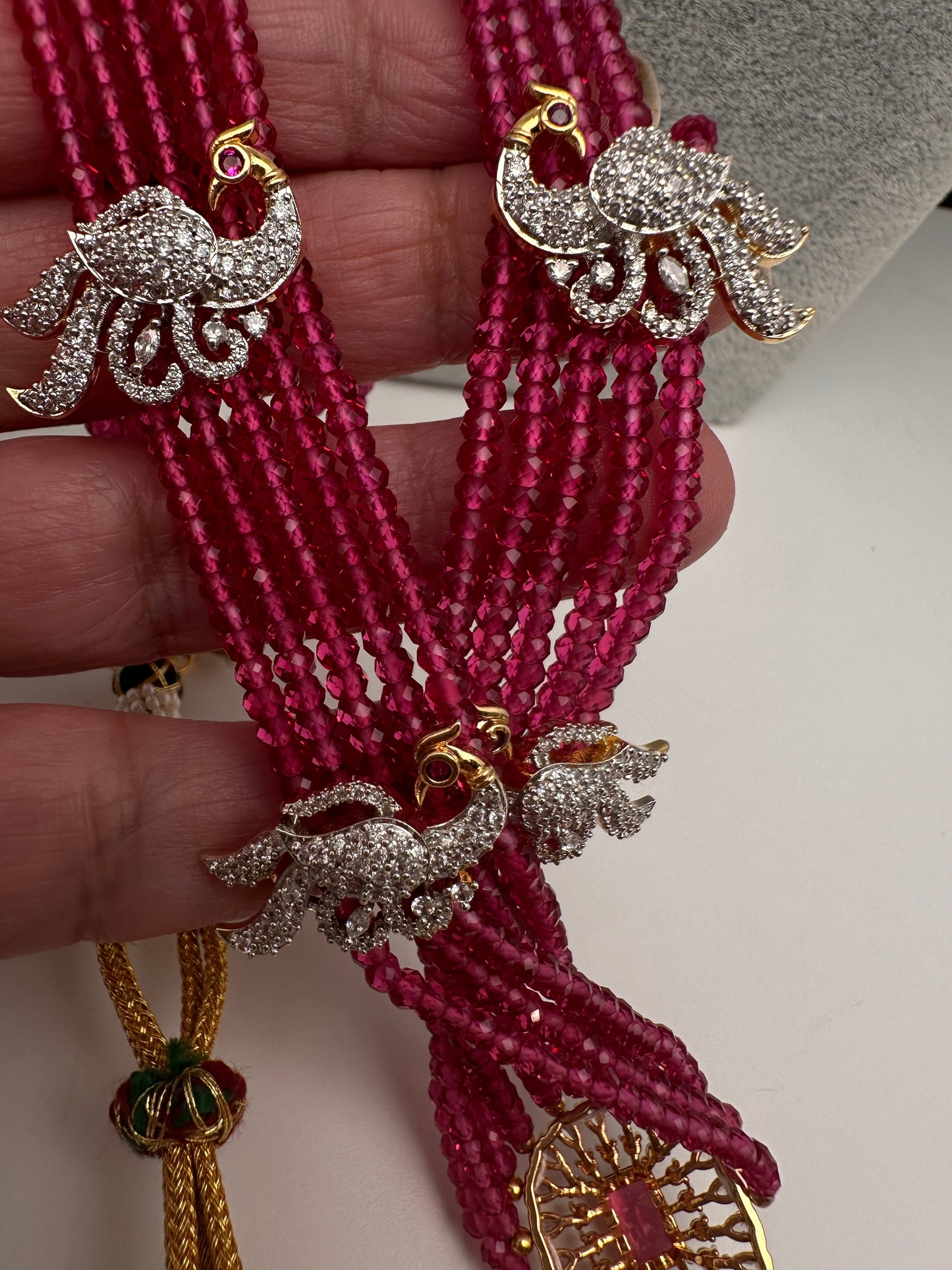 CZ Beads Long Color Stone Peacock Necklace - Red