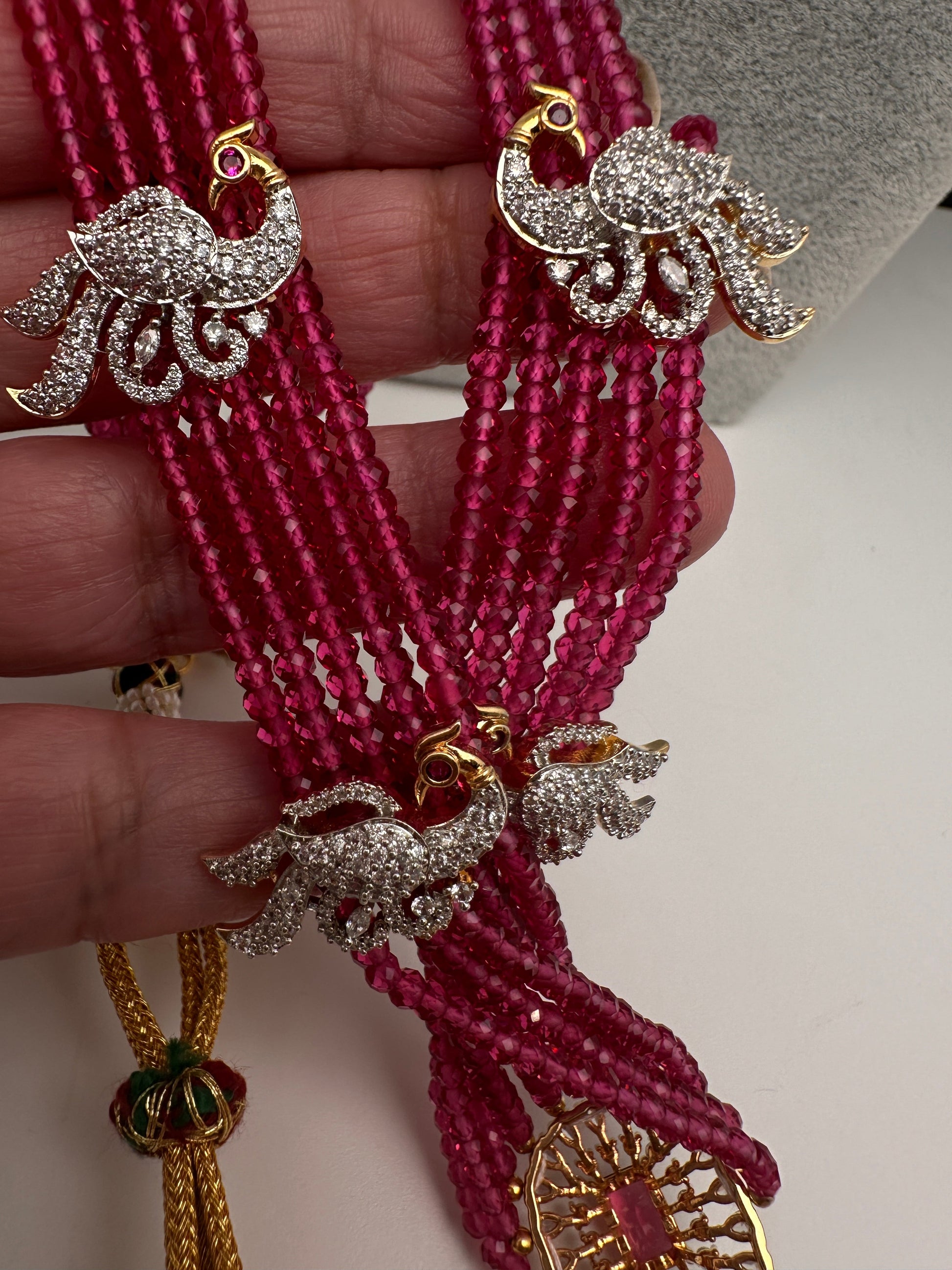 CZ Beads Long Color Stone Peacock Necklace - Red