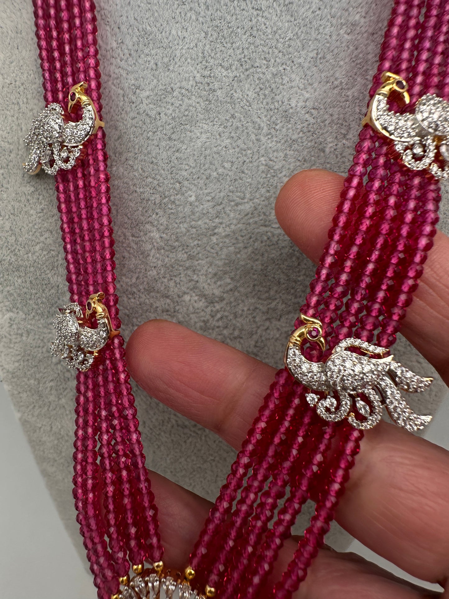 CZ Beads Long Color Stone Peacock Necklace - Red