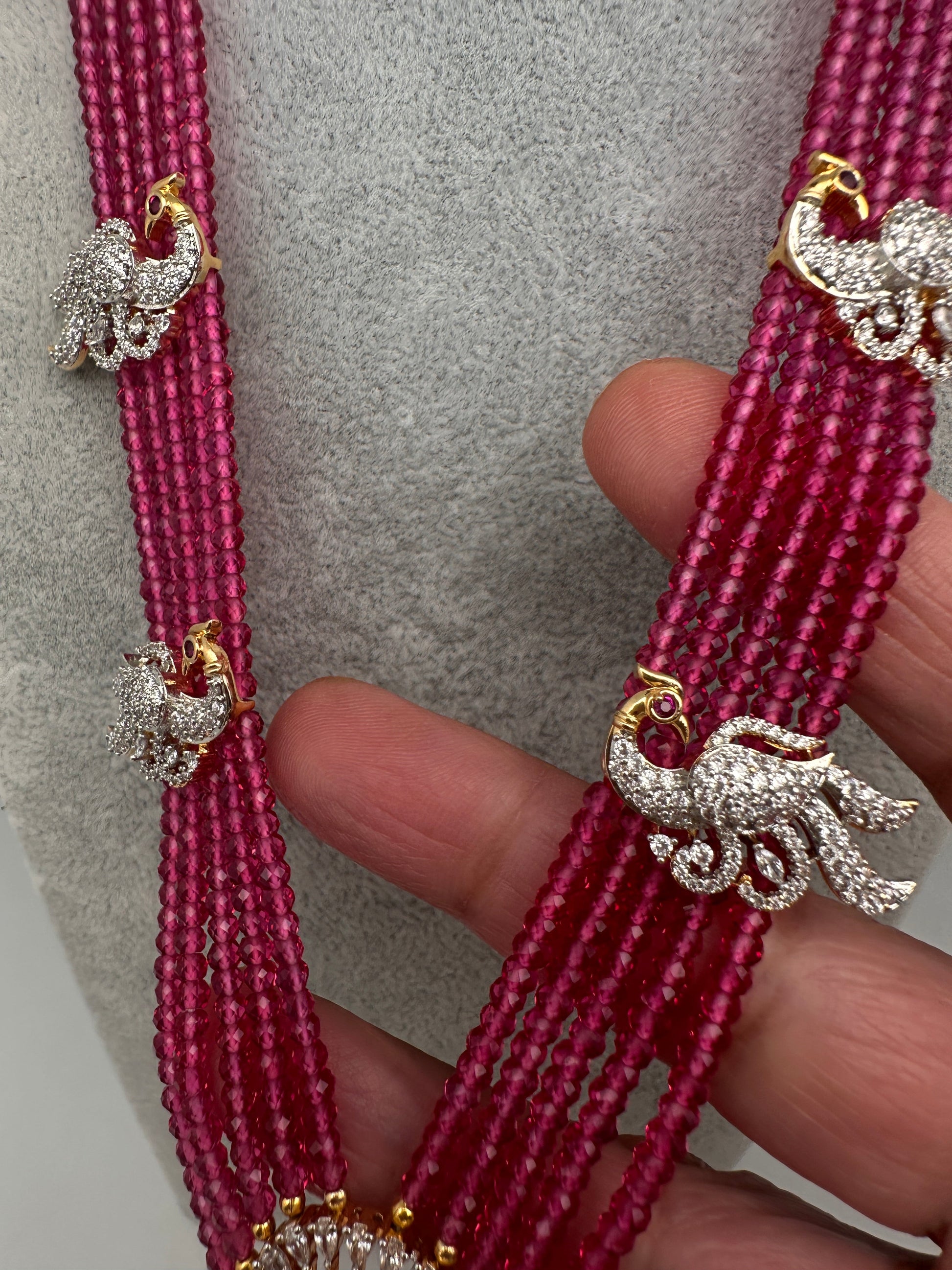 CZ Beads Long Color Stone Peacock Necklace - Red