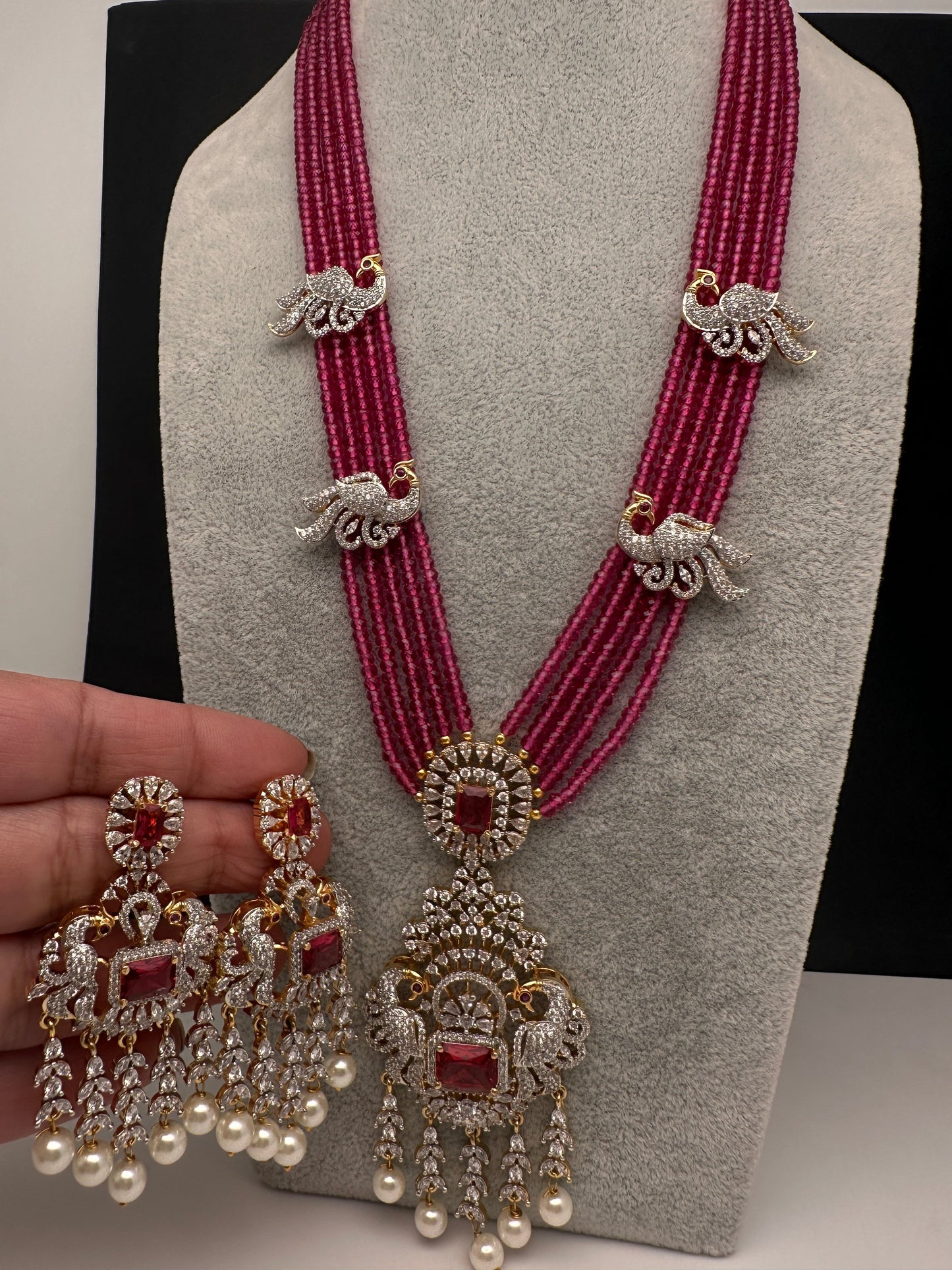 CZ Beads Long Color Stone Peacock Necklace - Red
