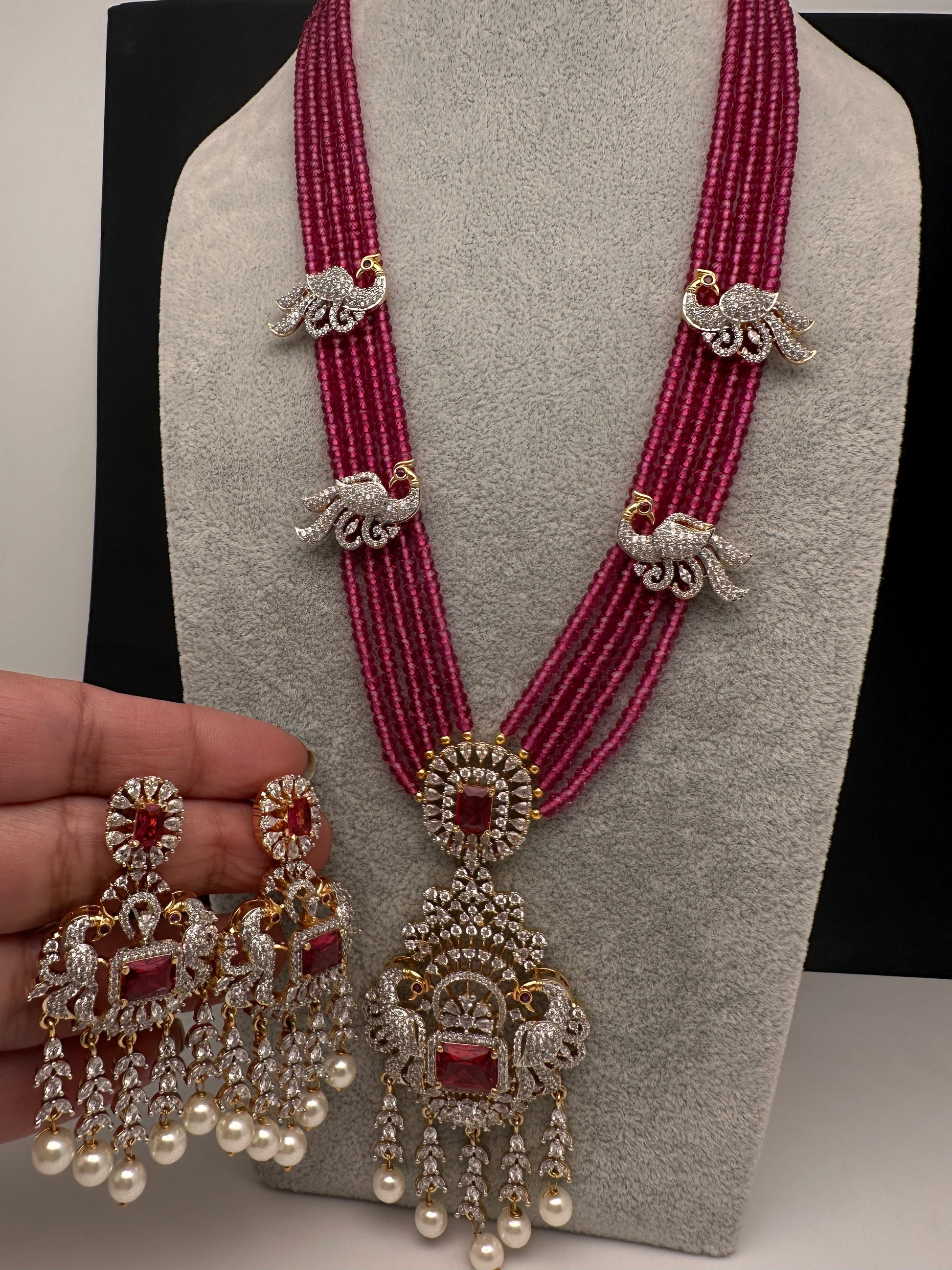 CZ Beads Long Color Stone Peacock Necklace - Red