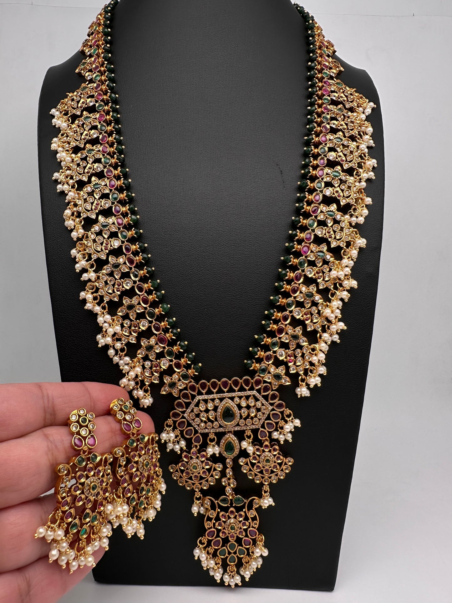 Red Green CZ Pearls Long Matte Guttapuslu Necklace