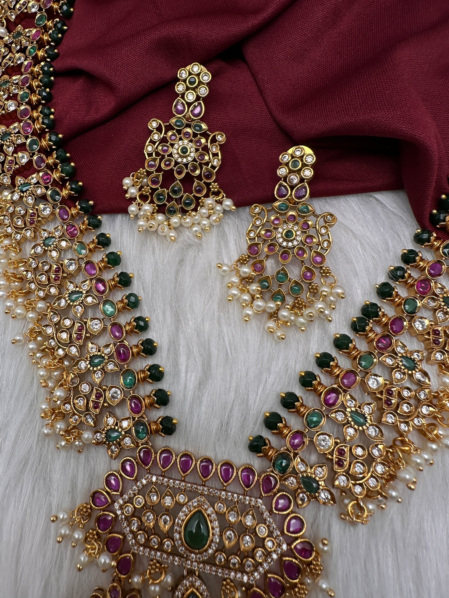 Red Green CZ Pearls Long Matte Guttapuslu Necklace