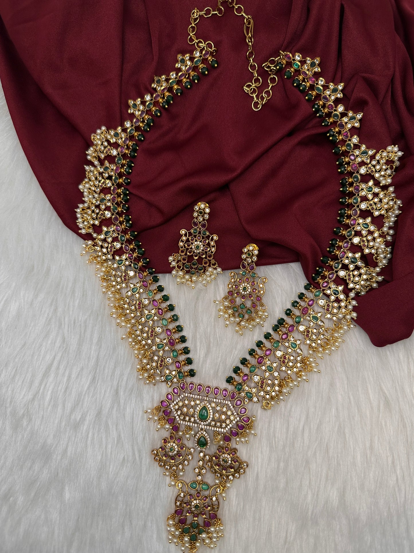 Red Green CZ Pearls Long Matte Guttapuslu Necklace