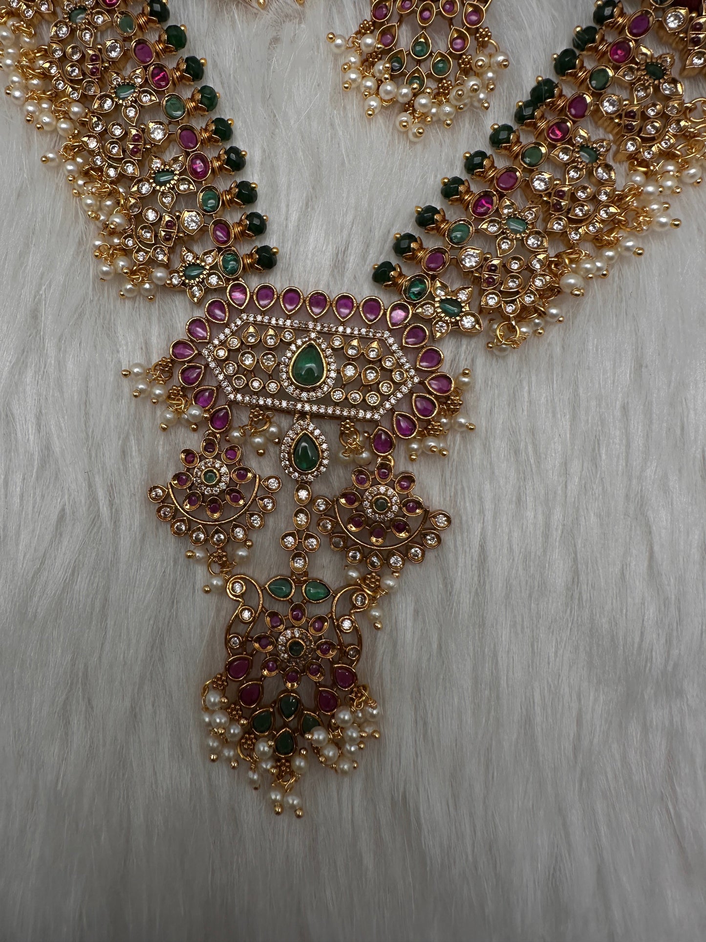 Red Green CZ Pearls Long Matte Guttapuslu Necklace