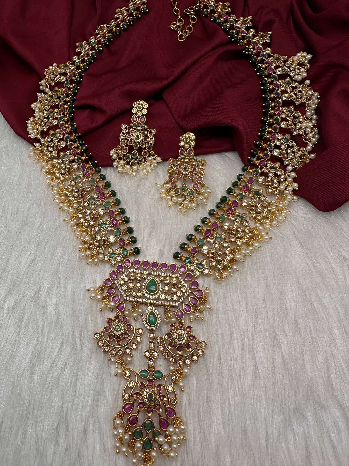Red Green CZ Pearls Long Matte Guttapuslu Necklace