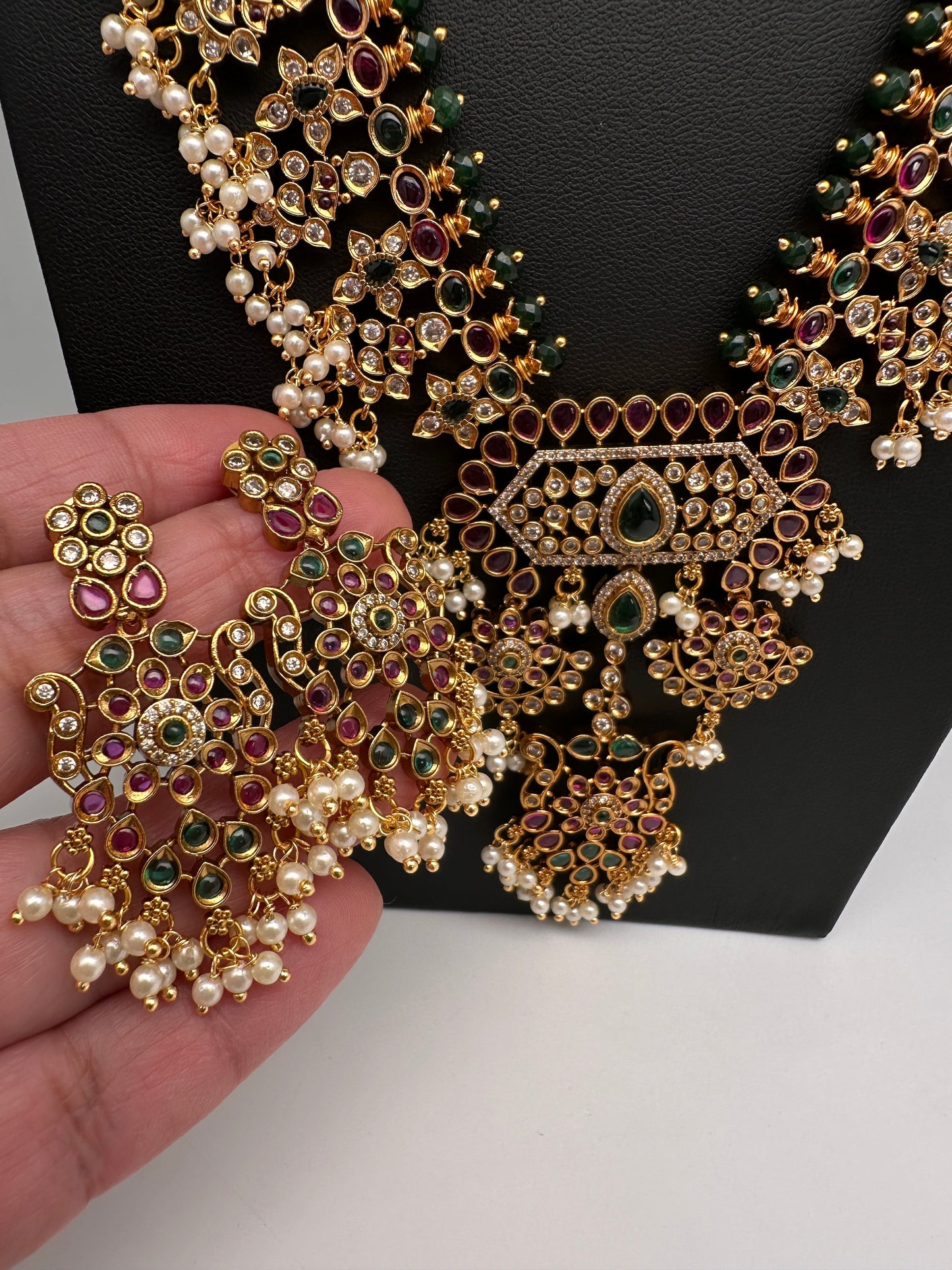 Red Green CZ Pearls Long Matte Guttapuslu Necklace