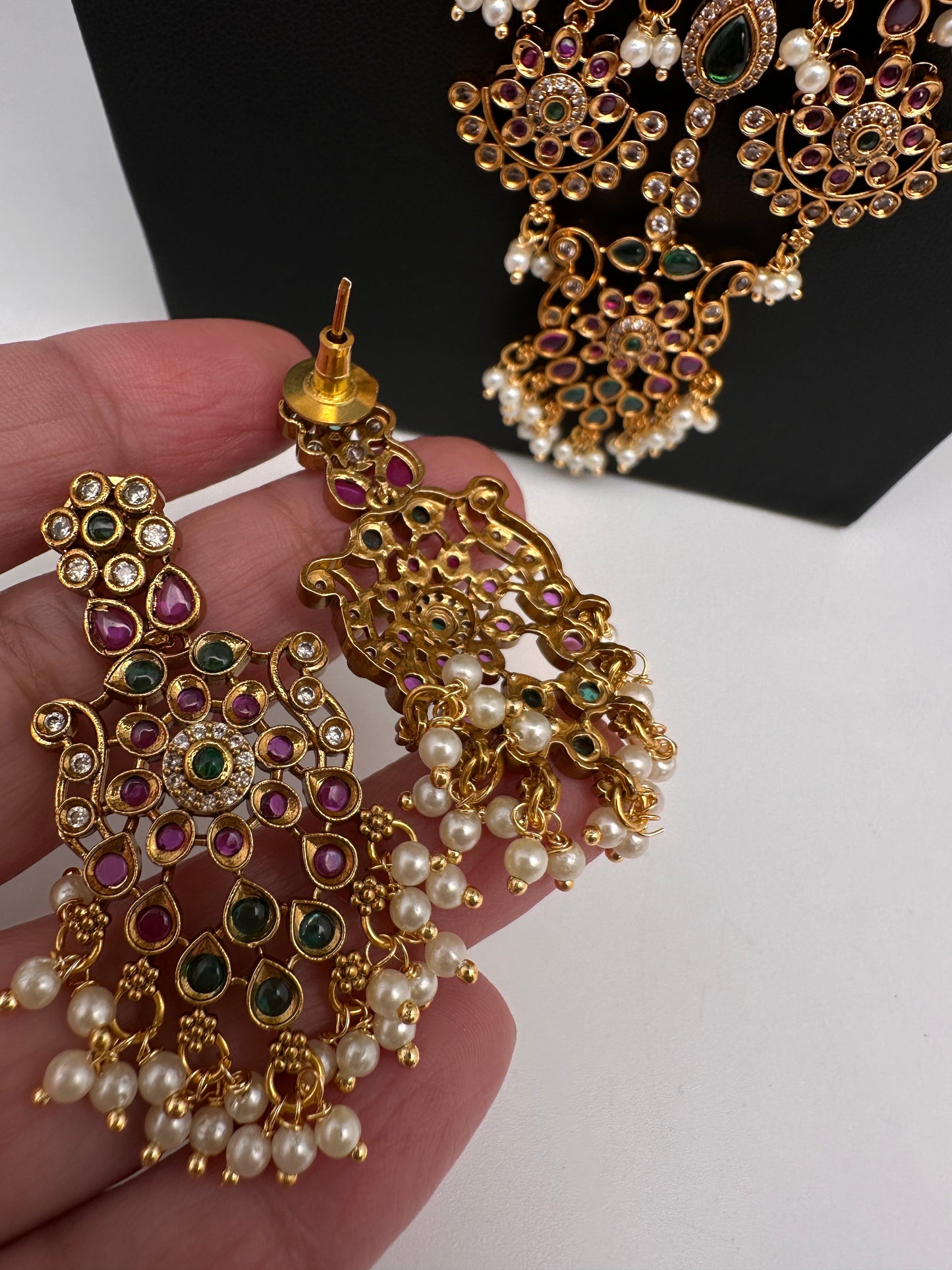 Red Green CZ Pearls Long Matte Guttapuslu Necklace