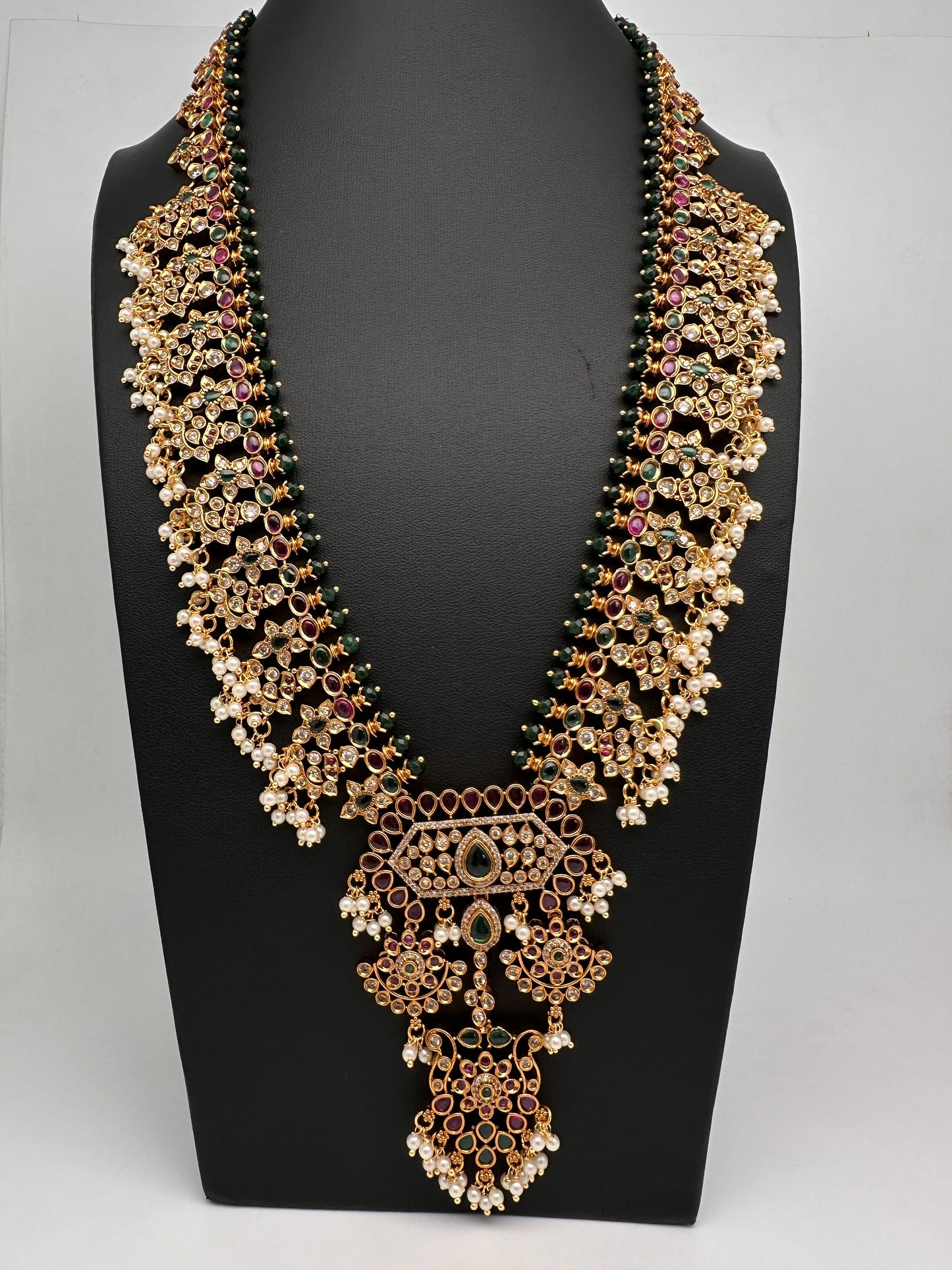 Red Green CZ Pearls Long Matte Guttapuslu Necklace