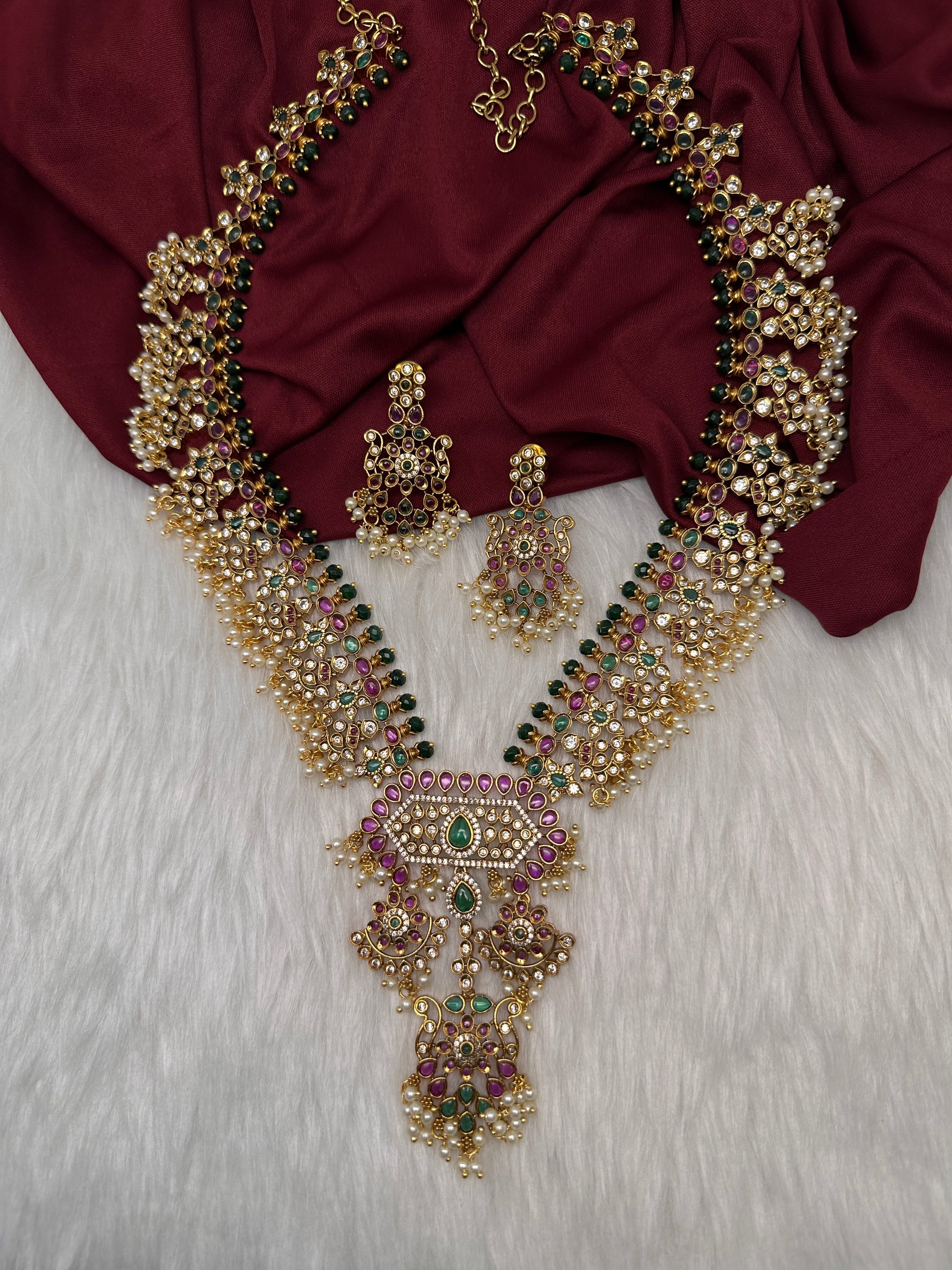 Red Green CZ Pearls Long Matte Guttapuslu Necklace