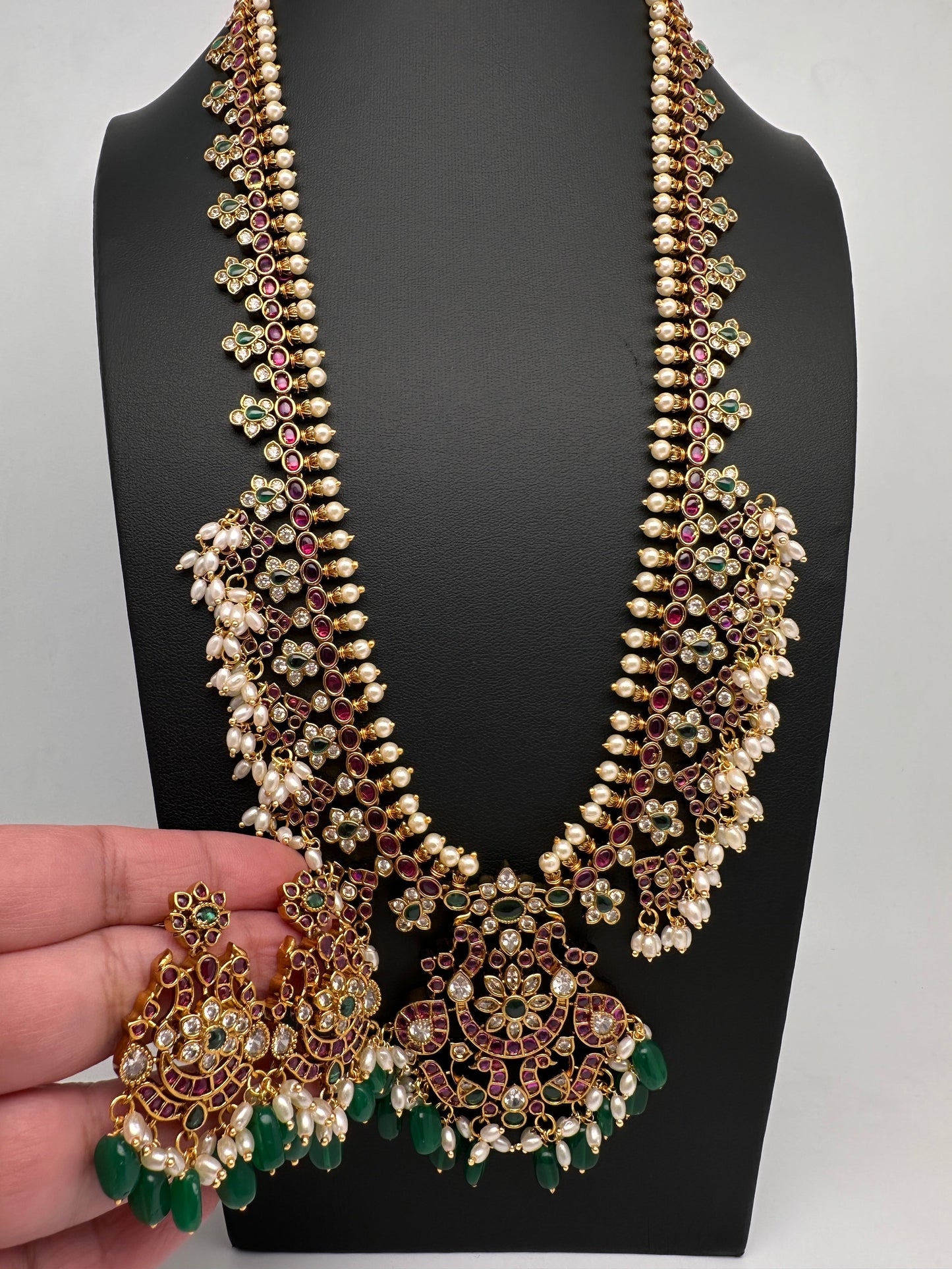 Kempu CZ Pearls Long Matte Traditional Guttapuslu Necklace