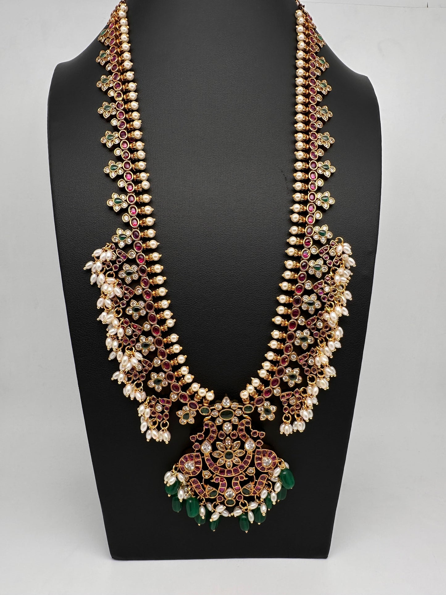 Kempu CZ Pearls Long Matte Traditional Guttapuslu Necklace