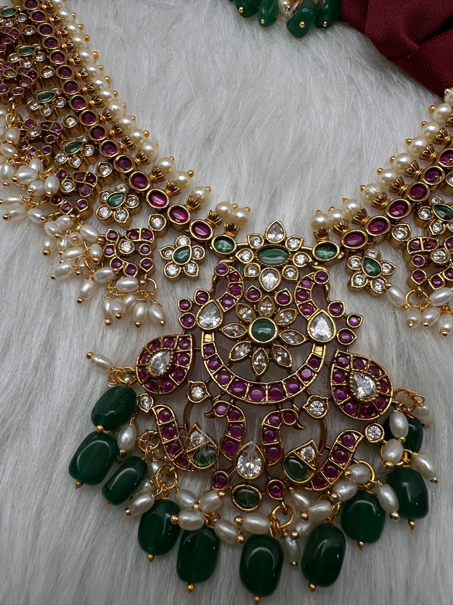 Kempu CZ Pearls Long Matte Traditional Guttapuslu Necklace