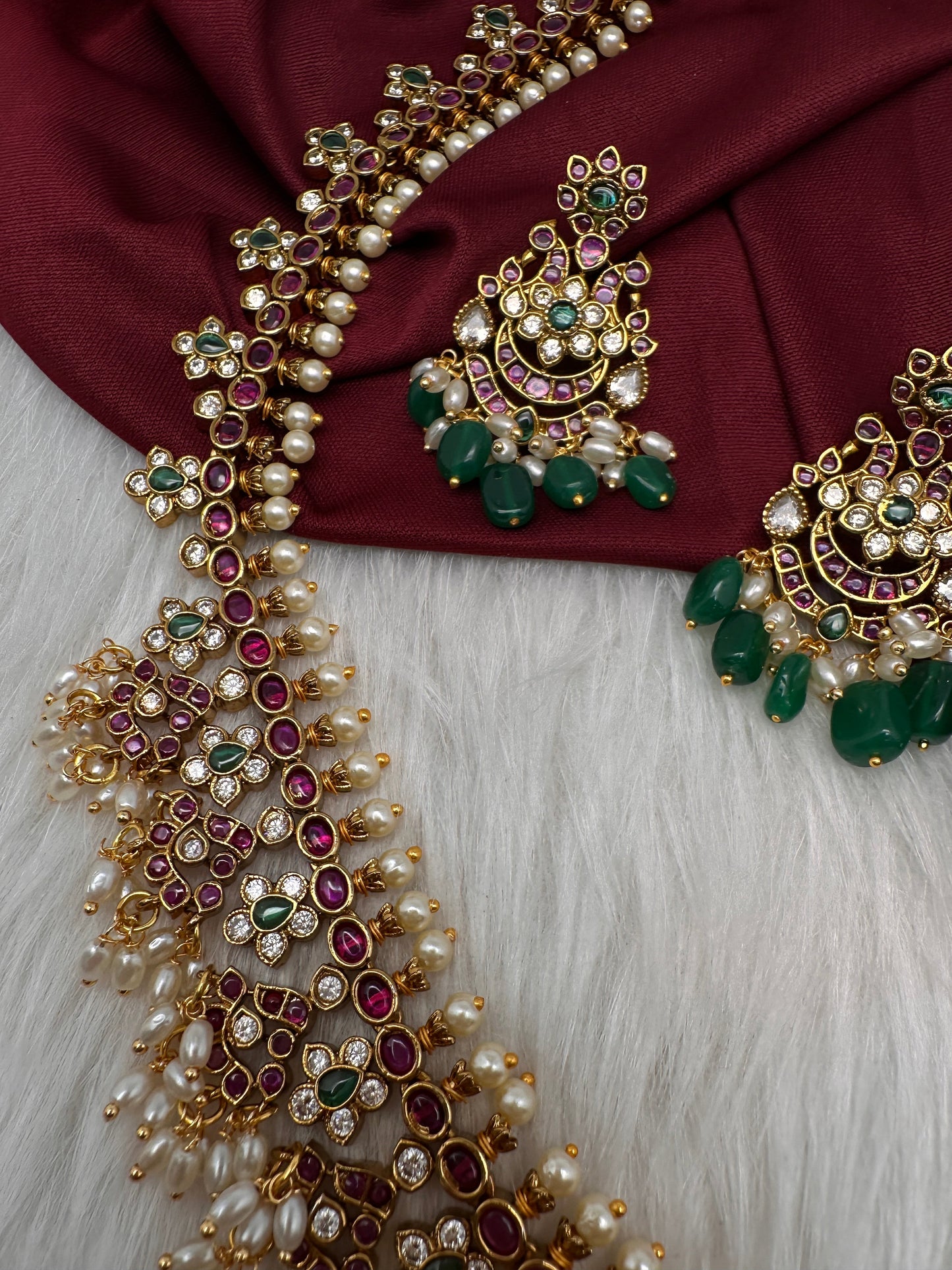 Kempu CZ Pearls Long Matte Traditional Guttapuslu Necklace