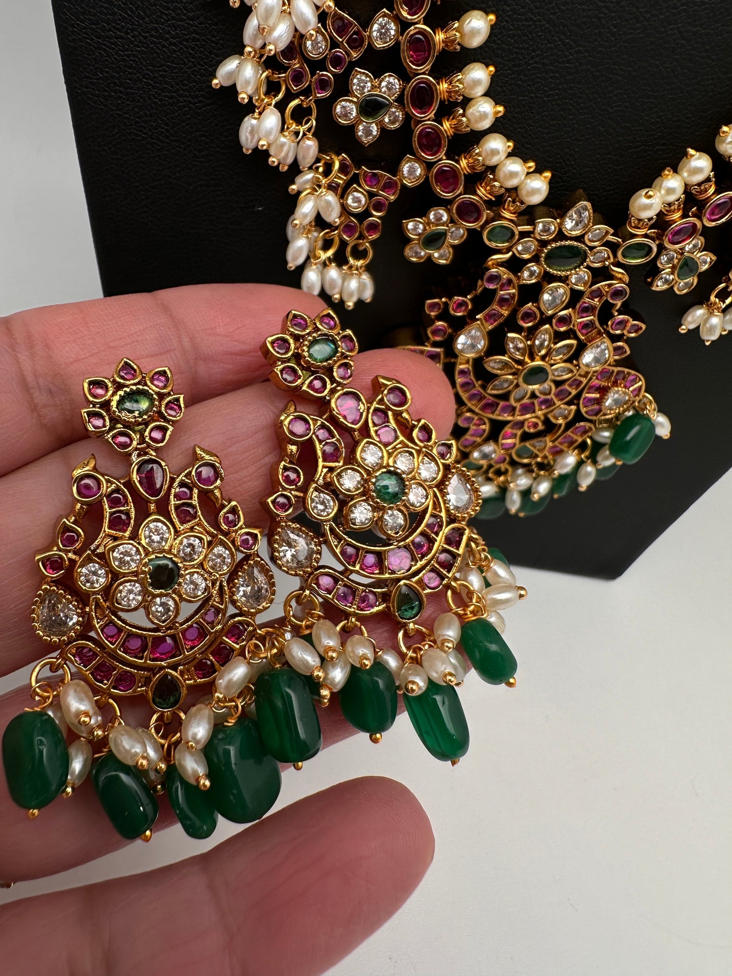 Kempu CZ Pearls Long Matte Traditional Guttapuslu Necklace