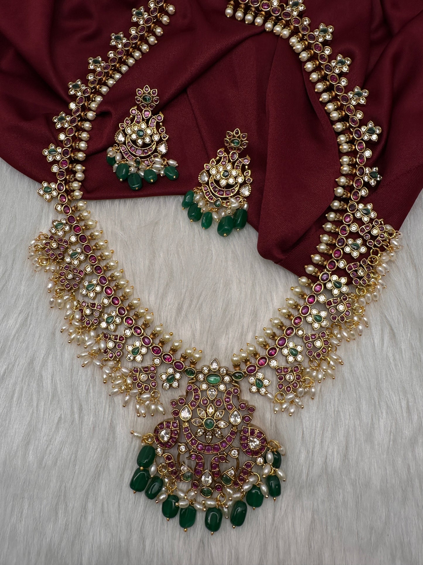 Kempu CZ Pearls Long Matte Traditional Guttapuslu Necklace