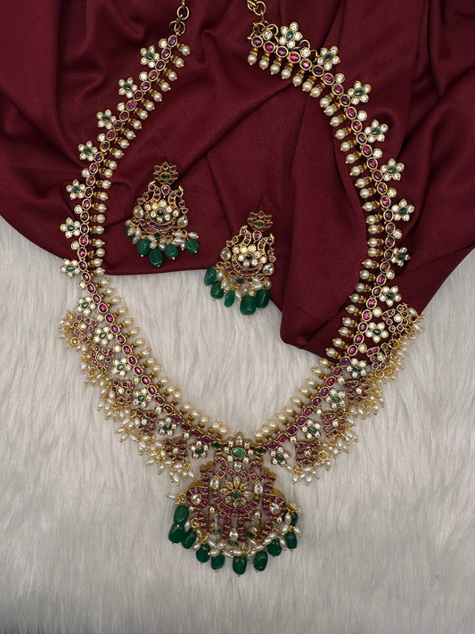 Kempu CZ Pearls Long Matte Traditional Guttapuslu Necklace