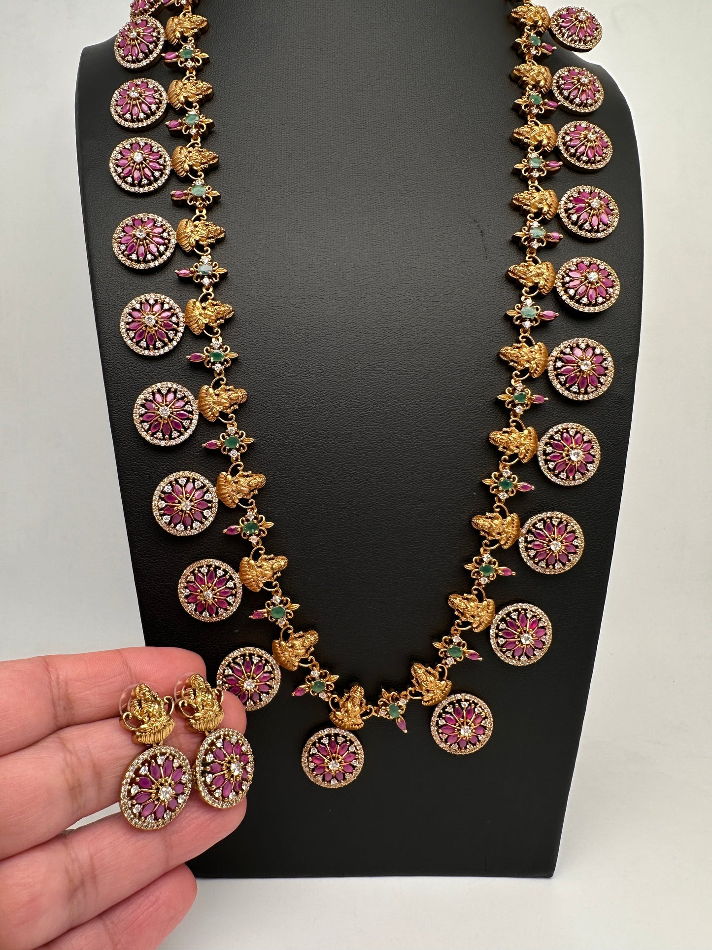 Red Green Stones Matte Goddess Lakshmi Traditional Necklace