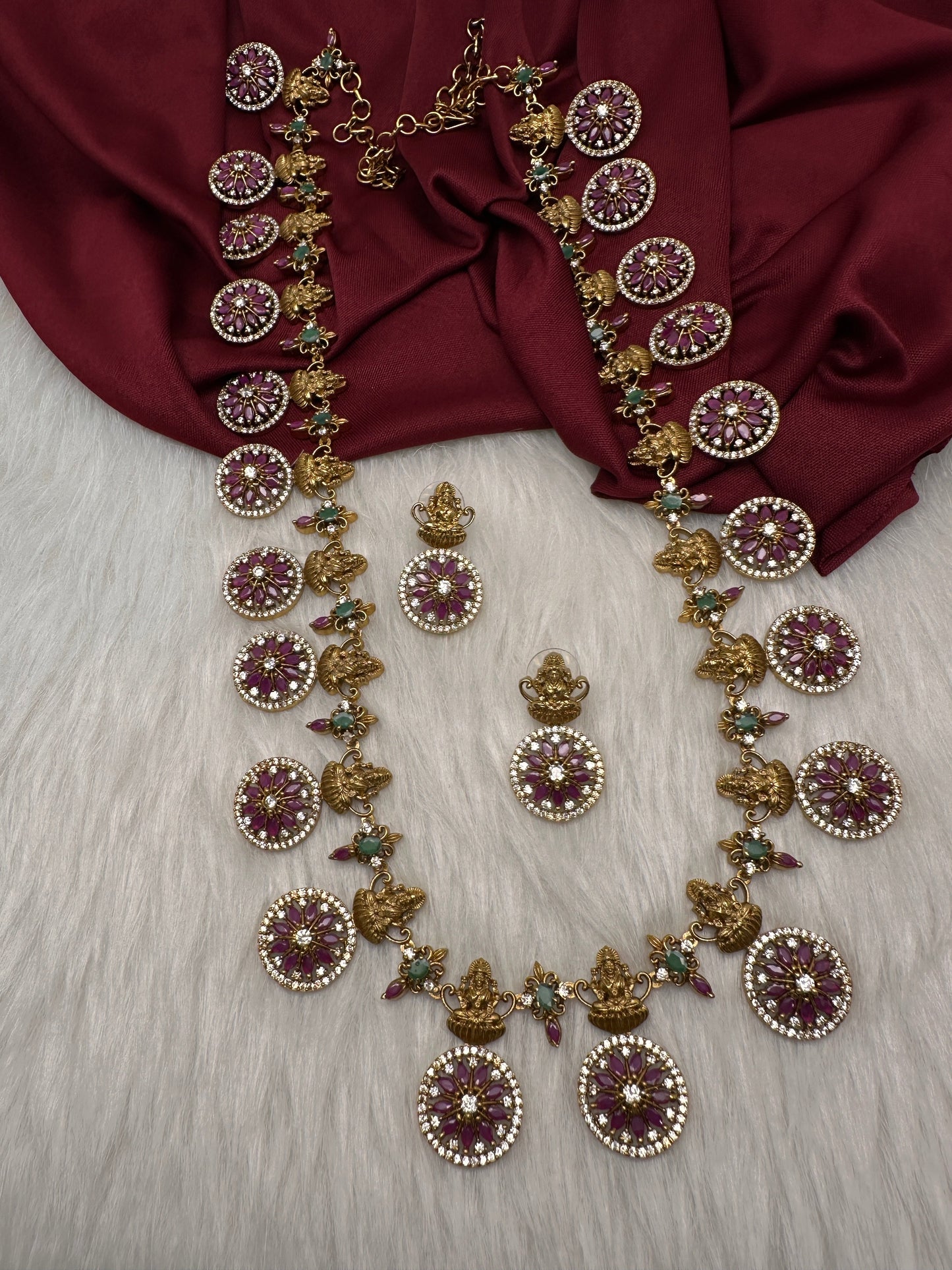 Red Green Stones Matte Goddess Lakshmi Traditional Necklace