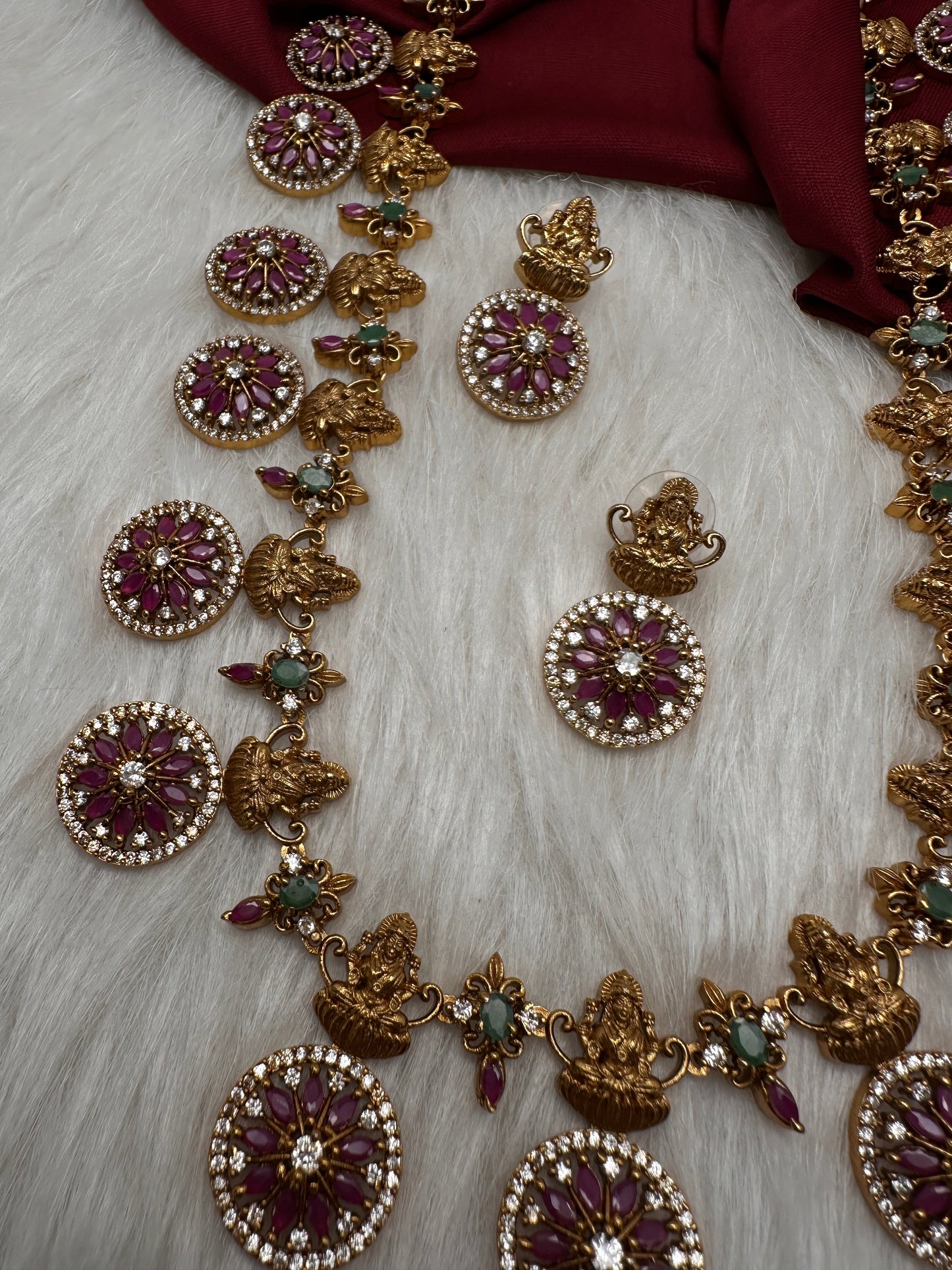 Red Green Stones Matte Goddess Lakshmi Traditional Necklace