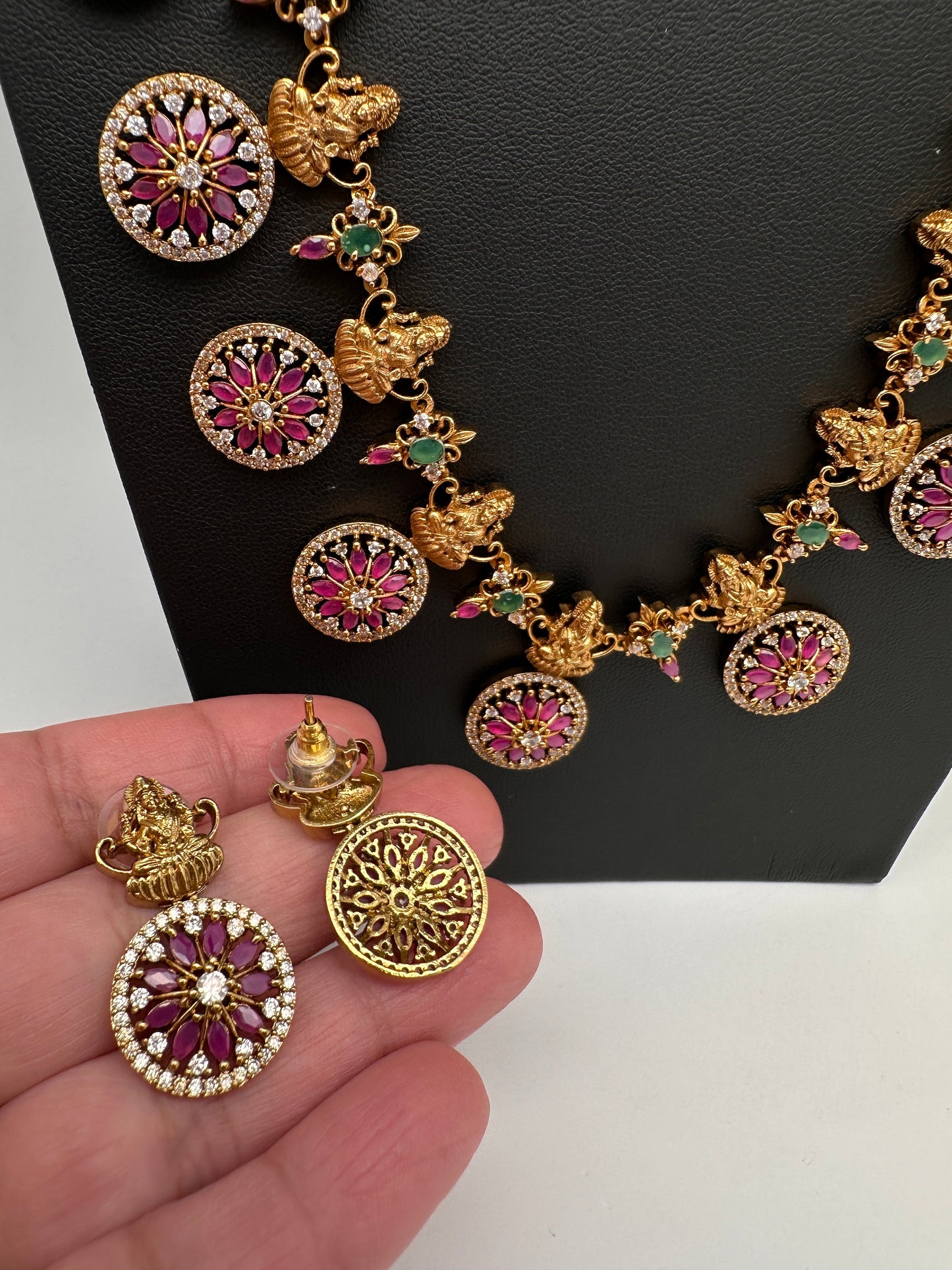 Red Green Stones Matte Goddess Lakshmi Traditional Necklace