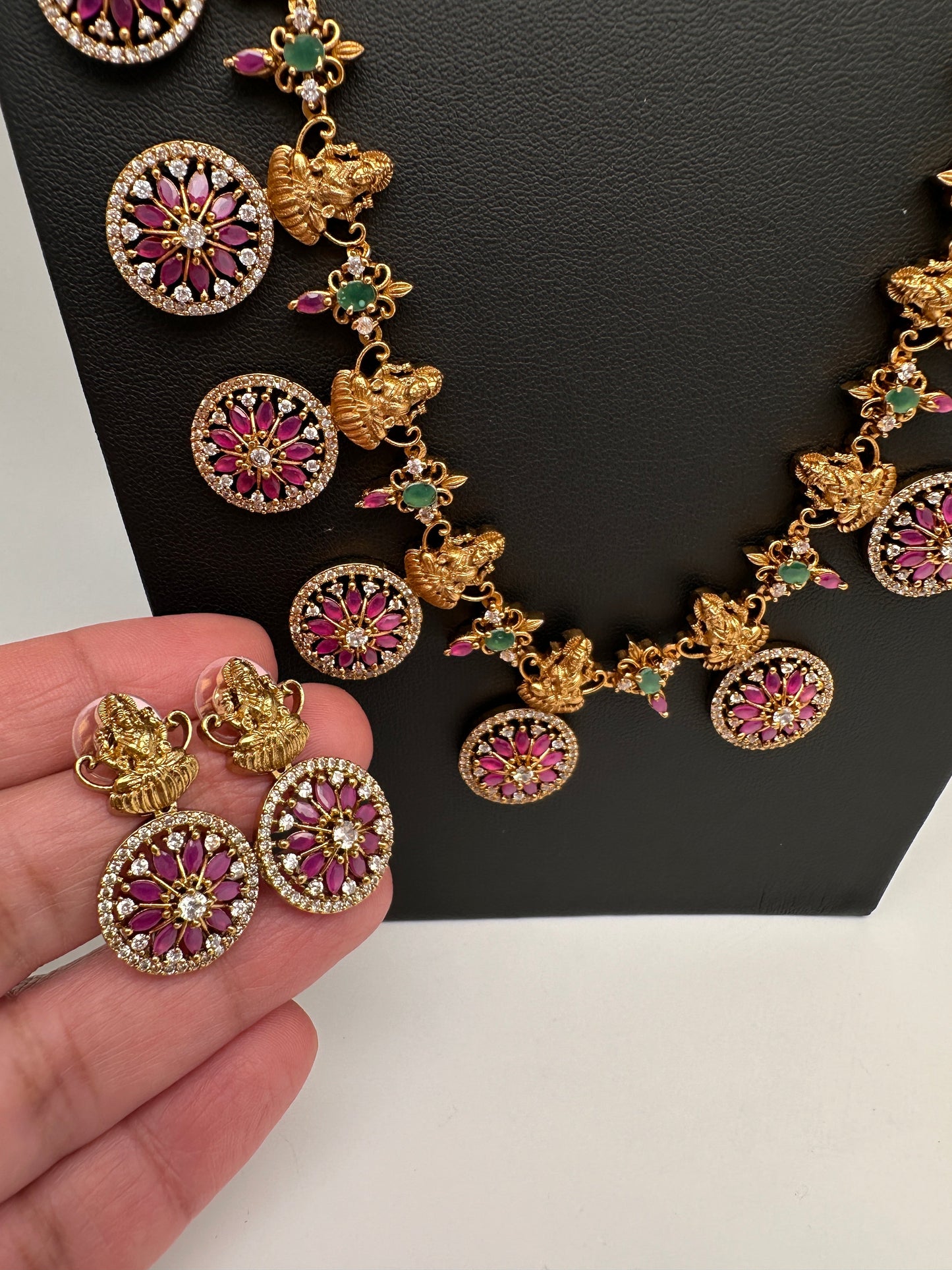 Red Green Stones Matte Goddess Lakshmi Traditional Necklace