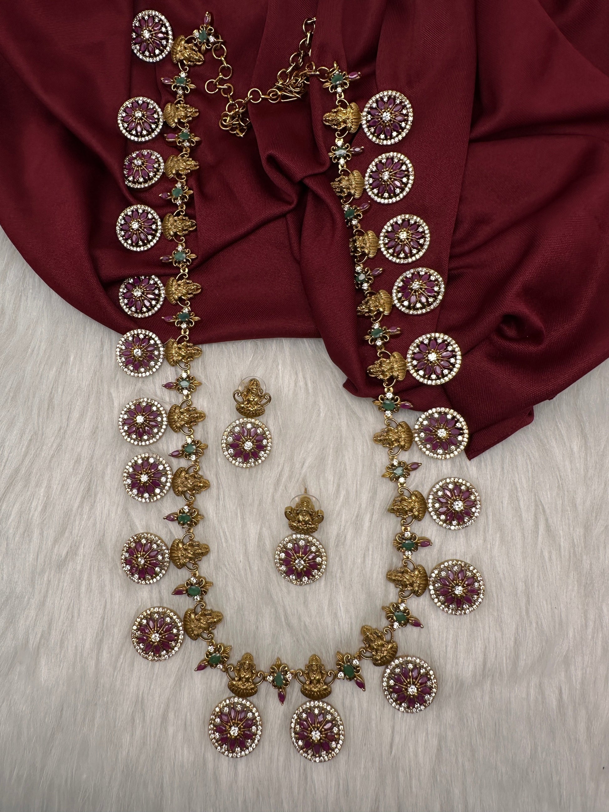 Red Green Stones Matte Goddess Lakshmi Traditional Necklace