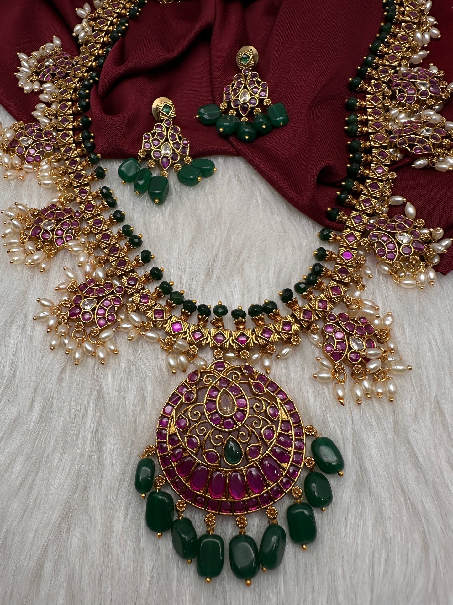 Red Green Kempu Matte Traditional Guttapusalu Necklace