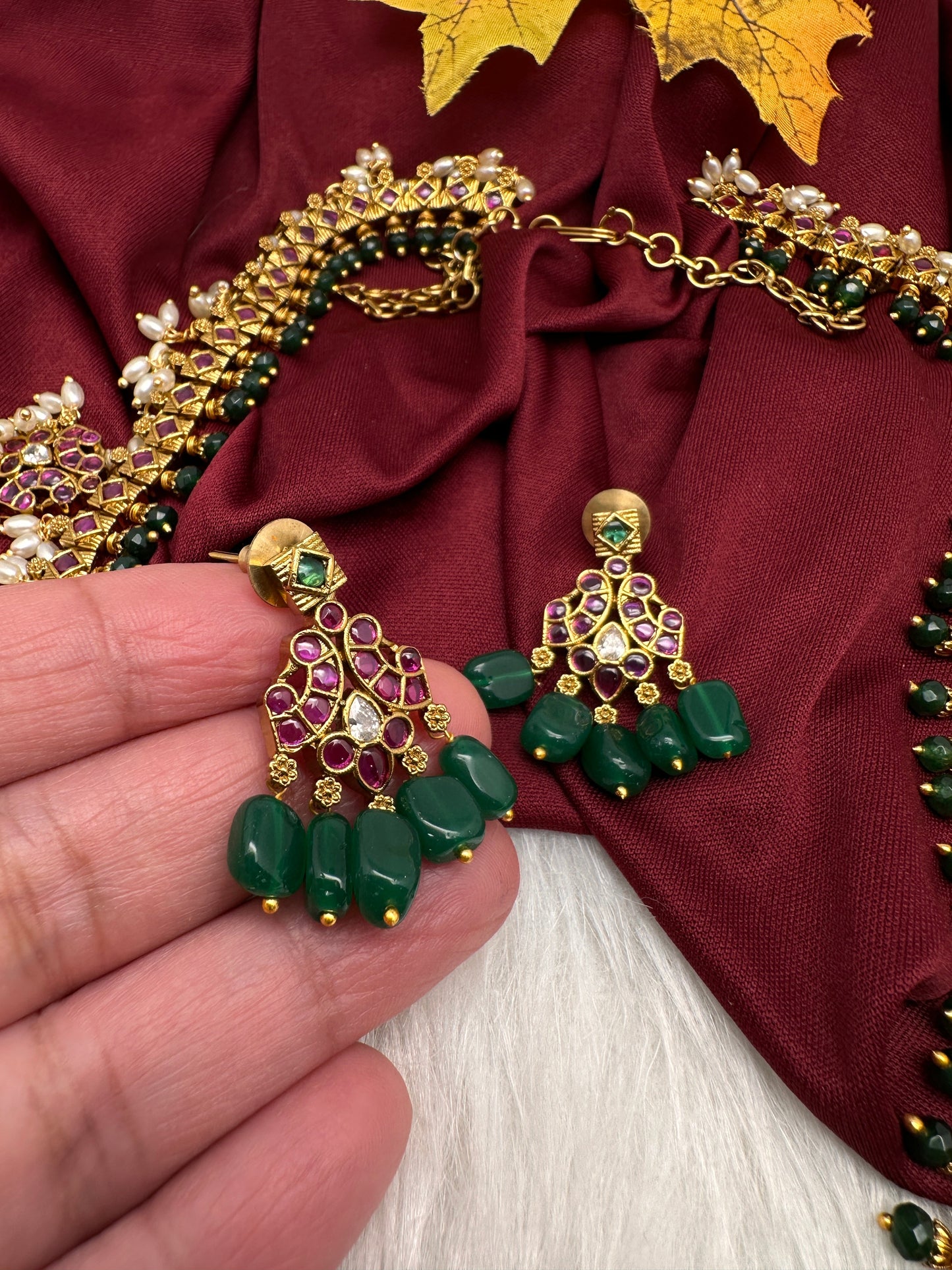 Red Green Kempu Matte Traditional Guttapusalu Necklace