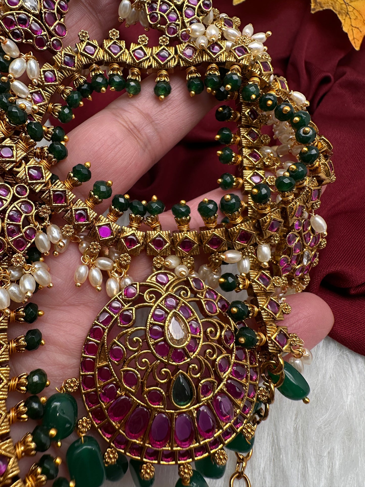 Red Green Kempu Matte Traditional Guttapusalu Necklace