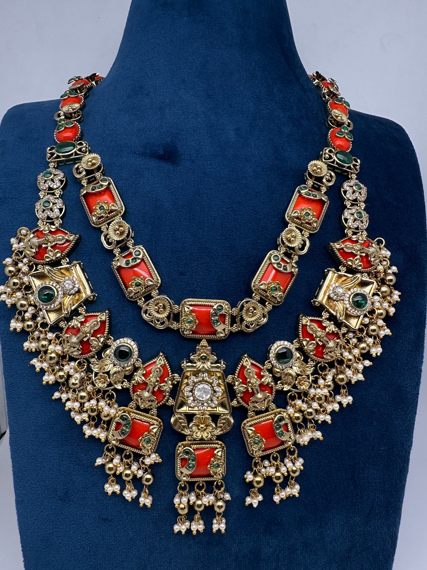 Rajwadi Double Layer Doublet Color Stone Necklace - Coral