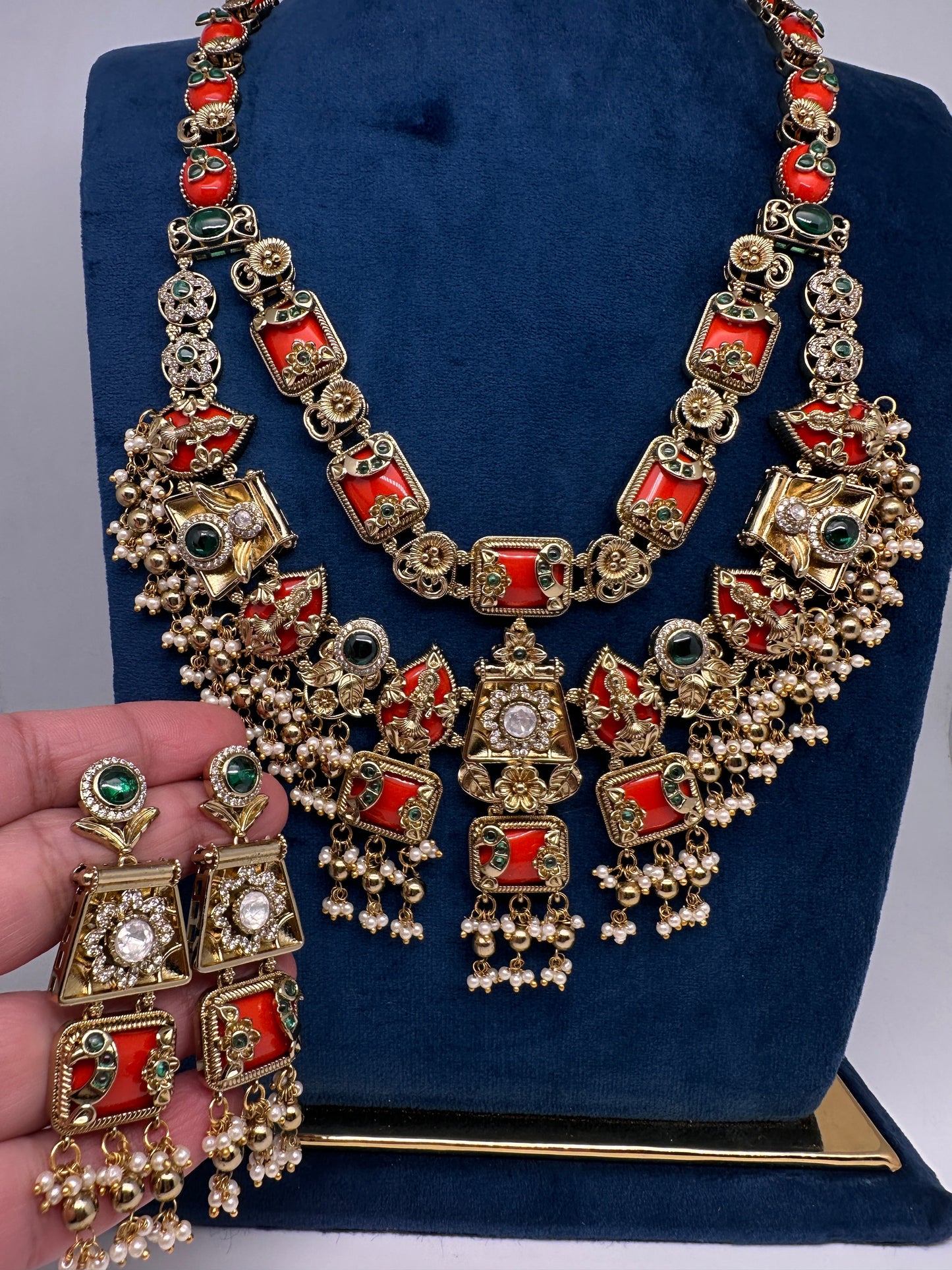 Rajwadi Double Layer Doublet Color Stone Necklace - Coral