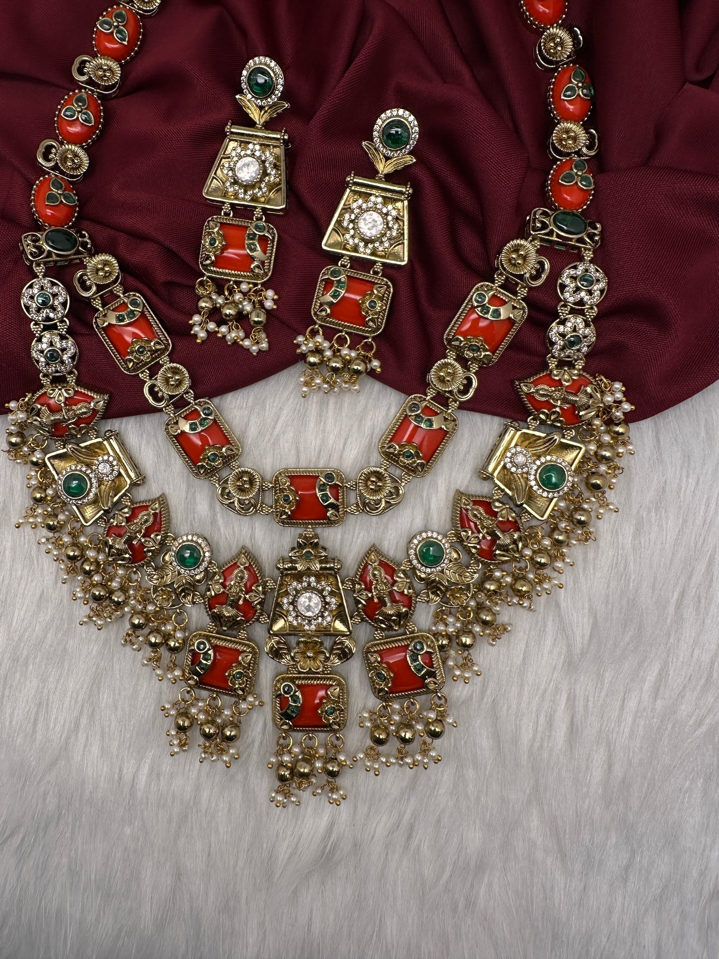 Rajwadi Double Layer Doublet Color Stone Necklace - Coral