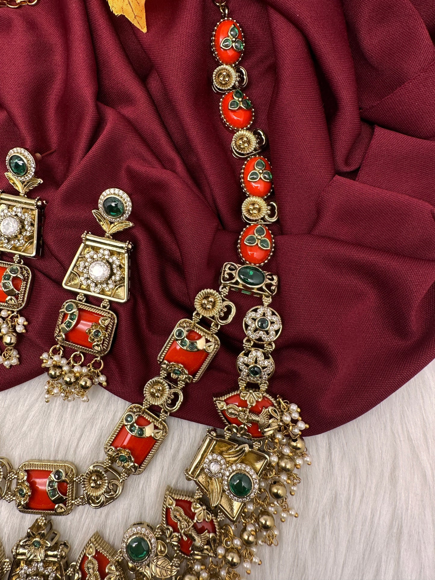 Rajwadi Double Layer Doublet Color Stone Necklace - Coral