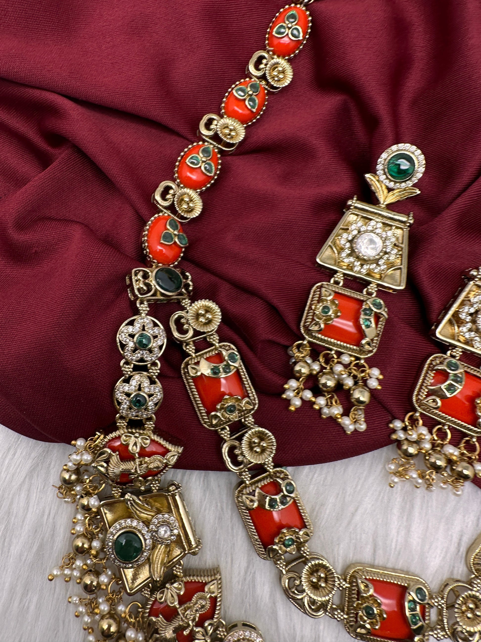 Rajwadi Double Layer Doublet Color Stone Necklace - Coral