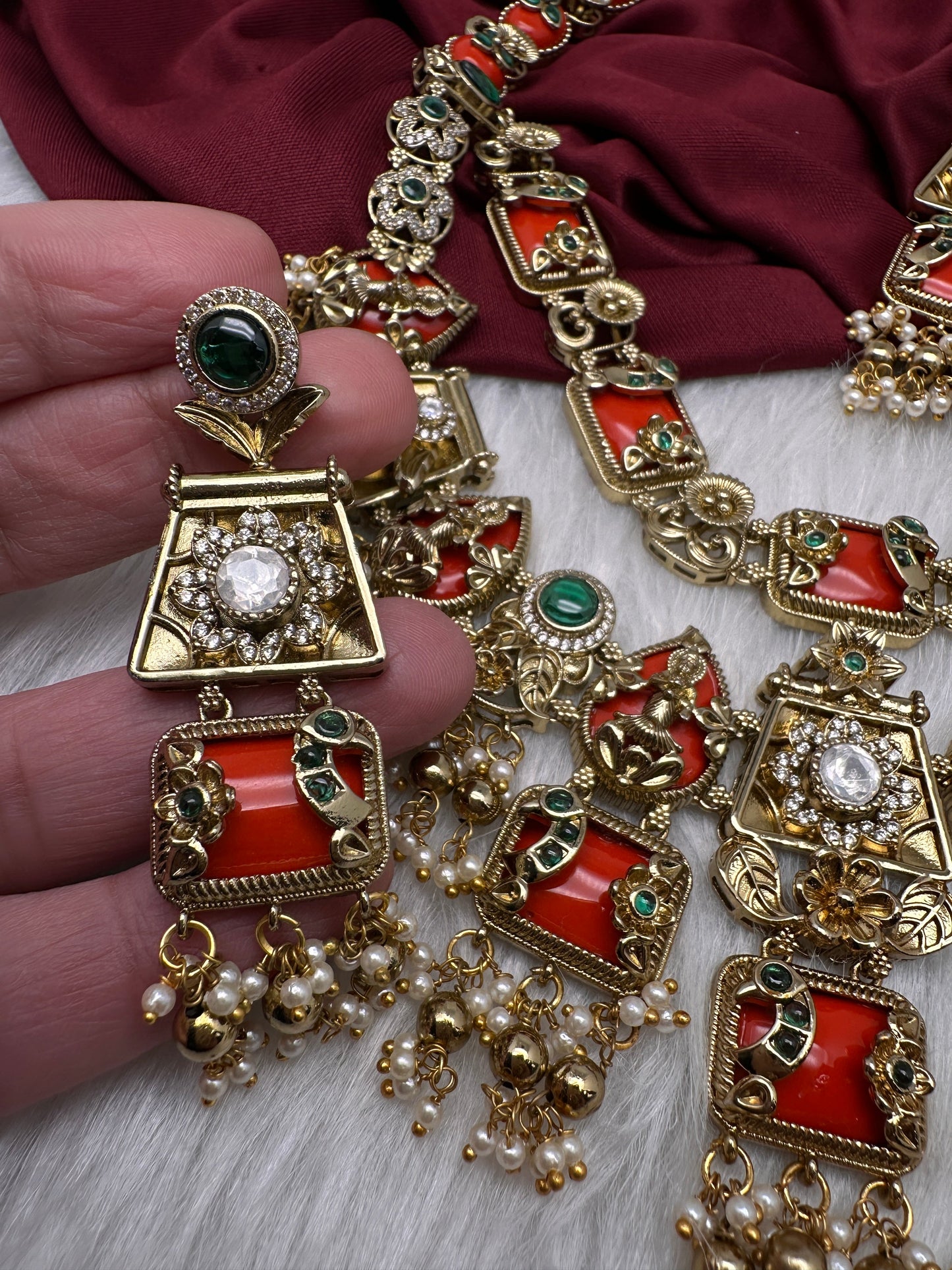 Rajwadi Double Layer Doublet Color Stone Necklace - Coral