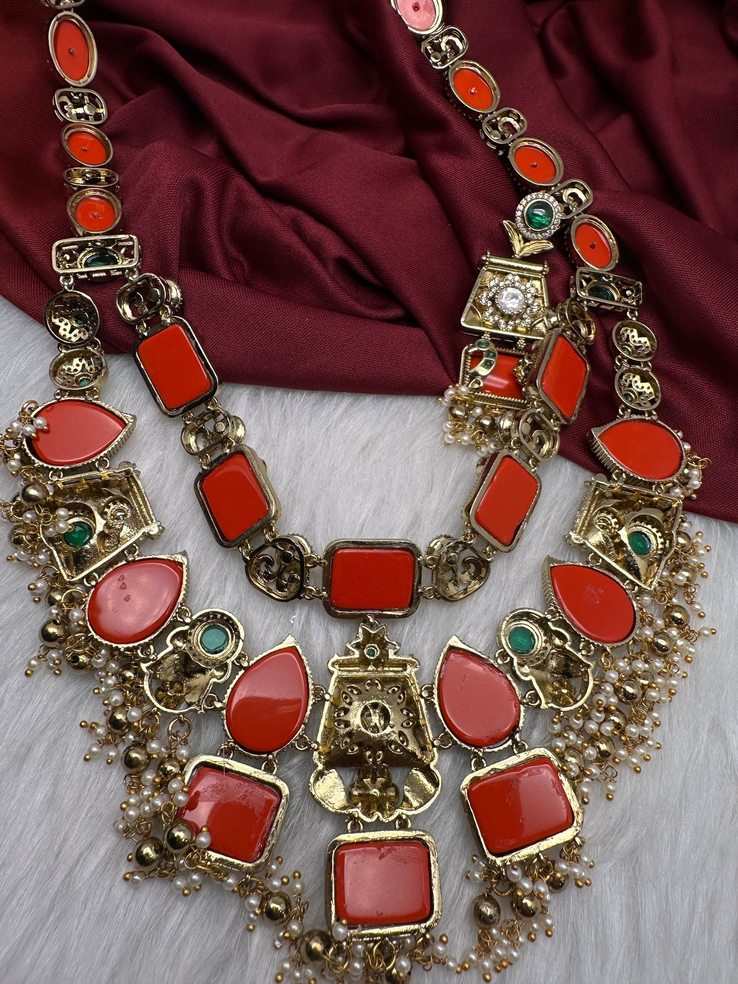 Rajwadi Double Layer Doublet Color Stone Necklace - Coral