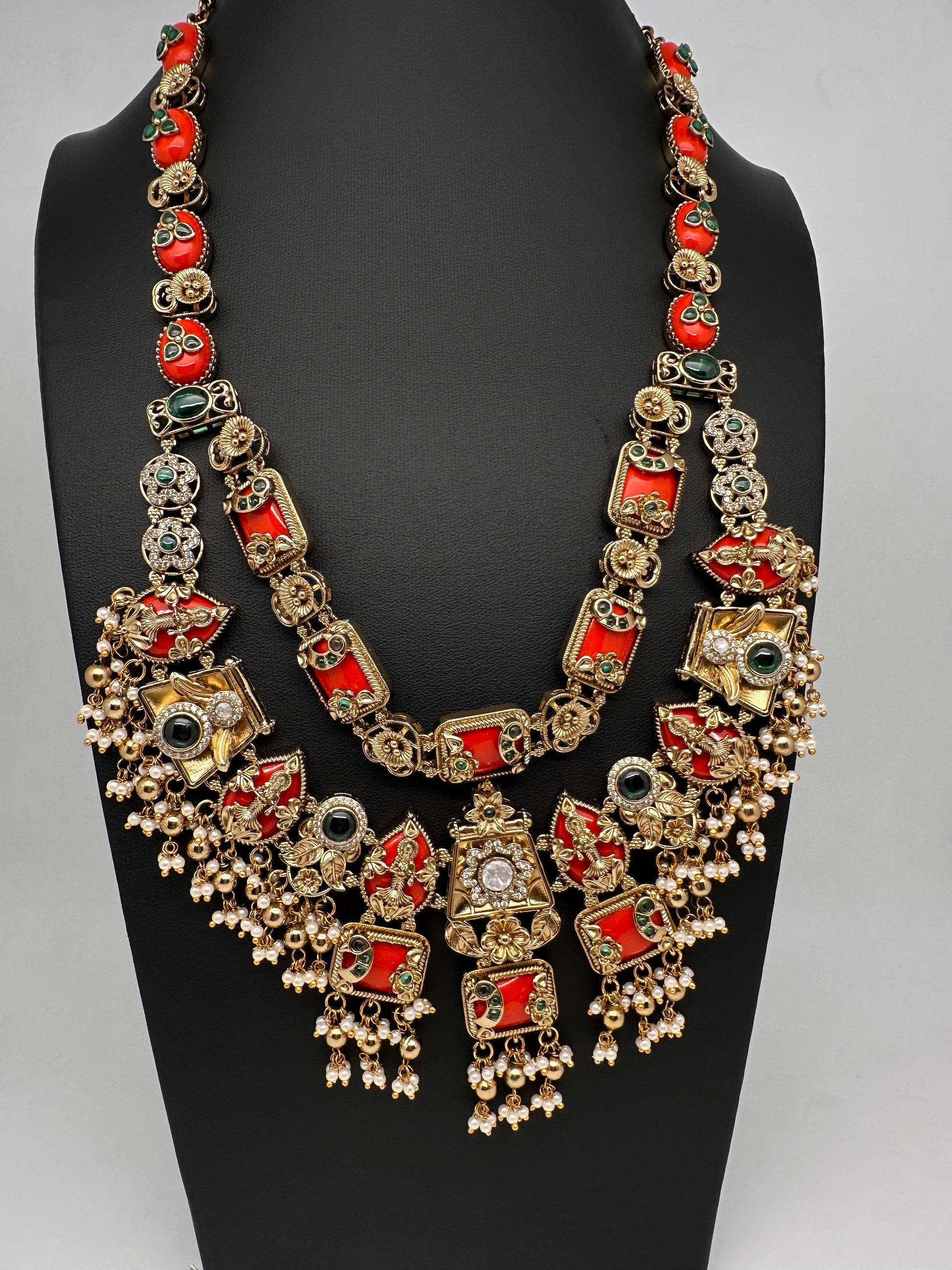 Rajwadi Double Layer Doublet Color Stone Necklace - Coral