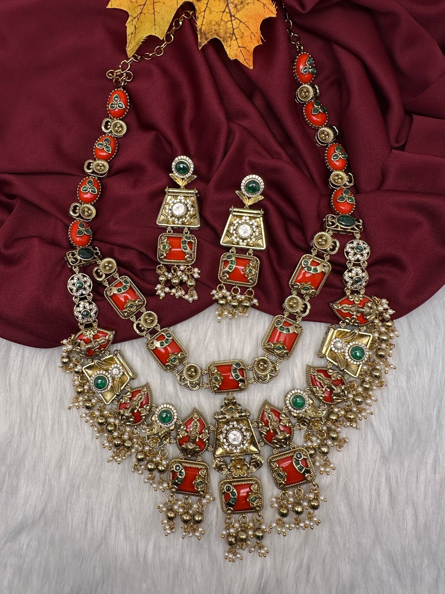 Rajwadi Double Layer Doublet Color Stone Necklace - Coral