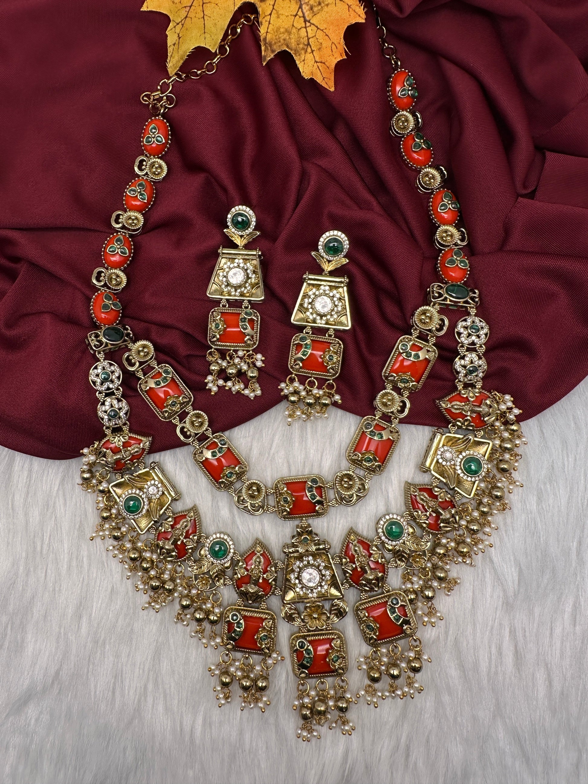 Rajwadi Double Layer Doublet Color Stone Necklace - Coral