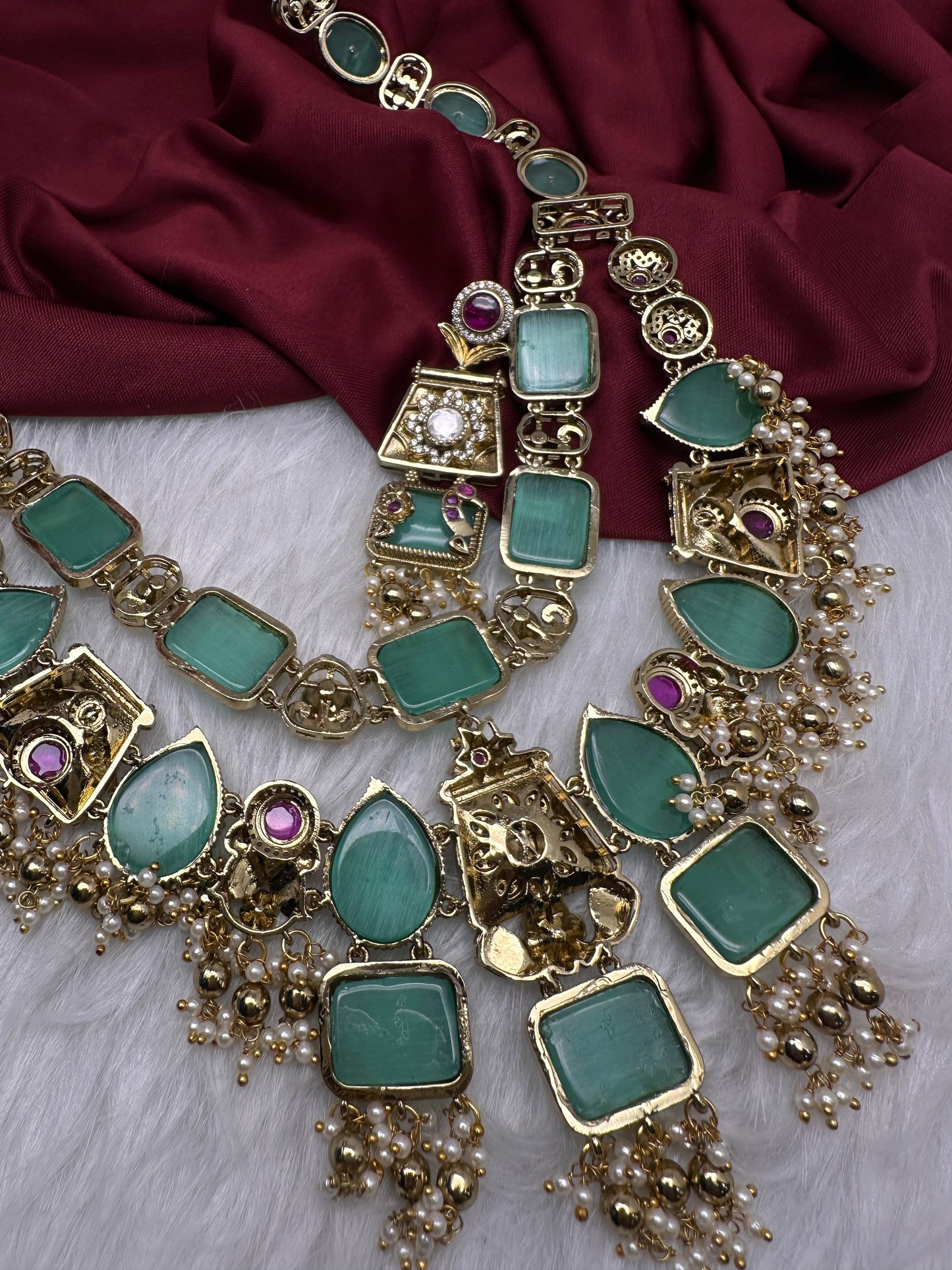 Rajwadi Double Layer Doublet Color Stone Necklace - MintGreen