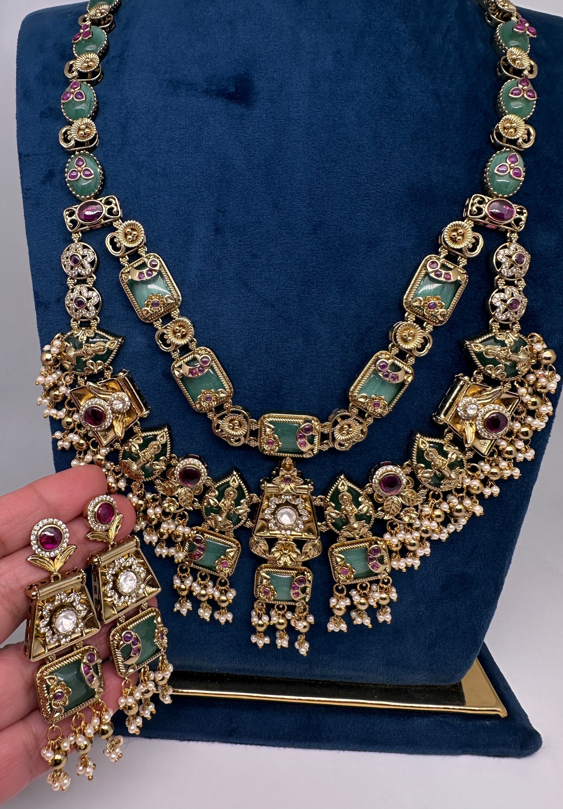 Rajwadi Double Layer Doublet Color Stone Necklace - MintGreen