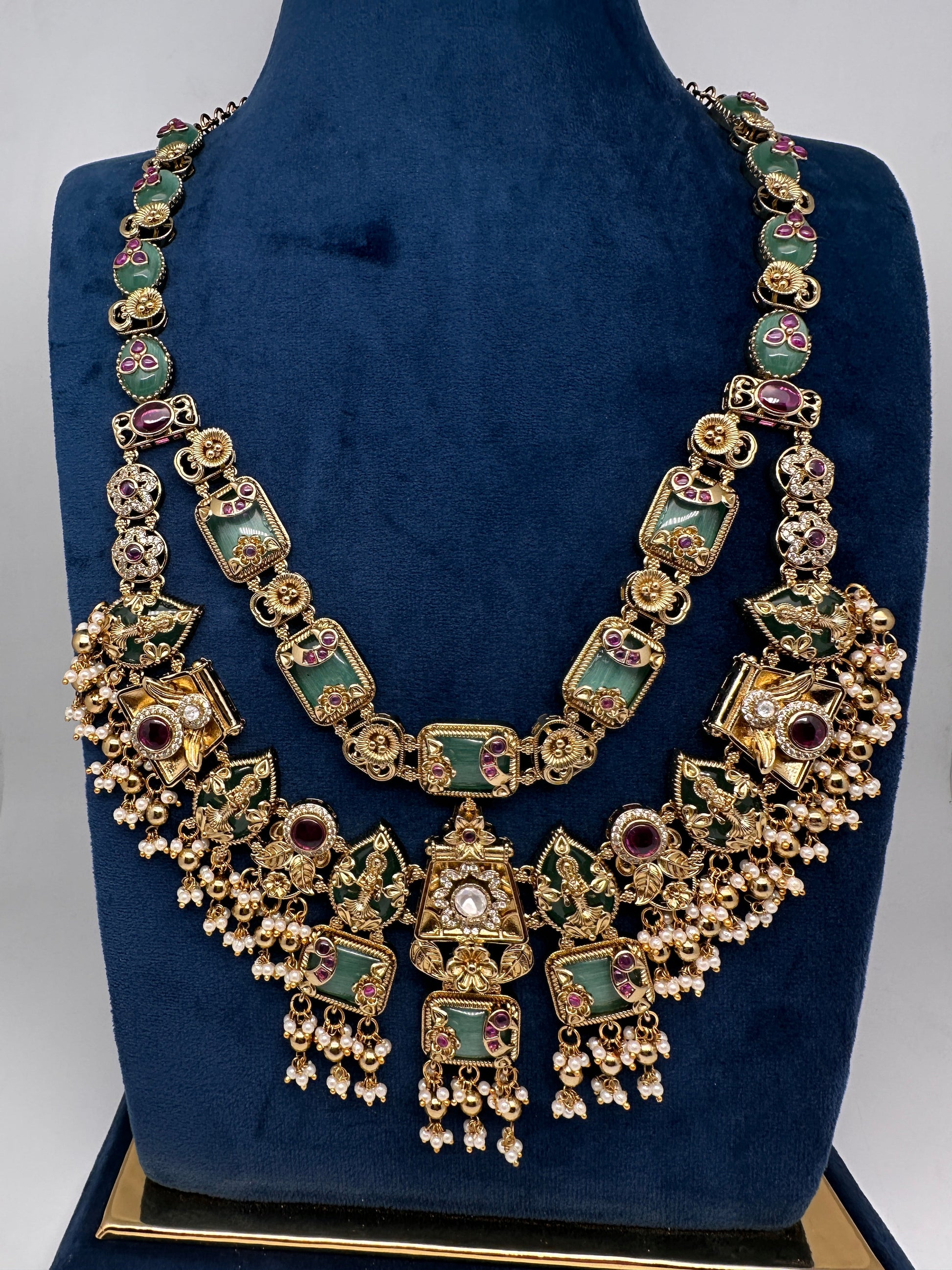 Rajwadi Double Layer Doublet Color Stone Necklace - MintGreen