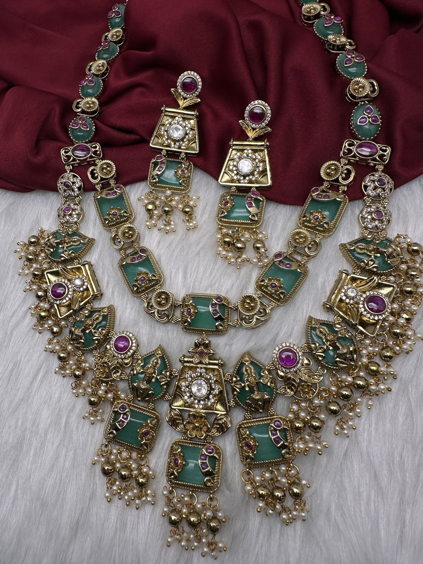 Rajwadi Double Layer Doublet Color Stone Necklace - MintGreen