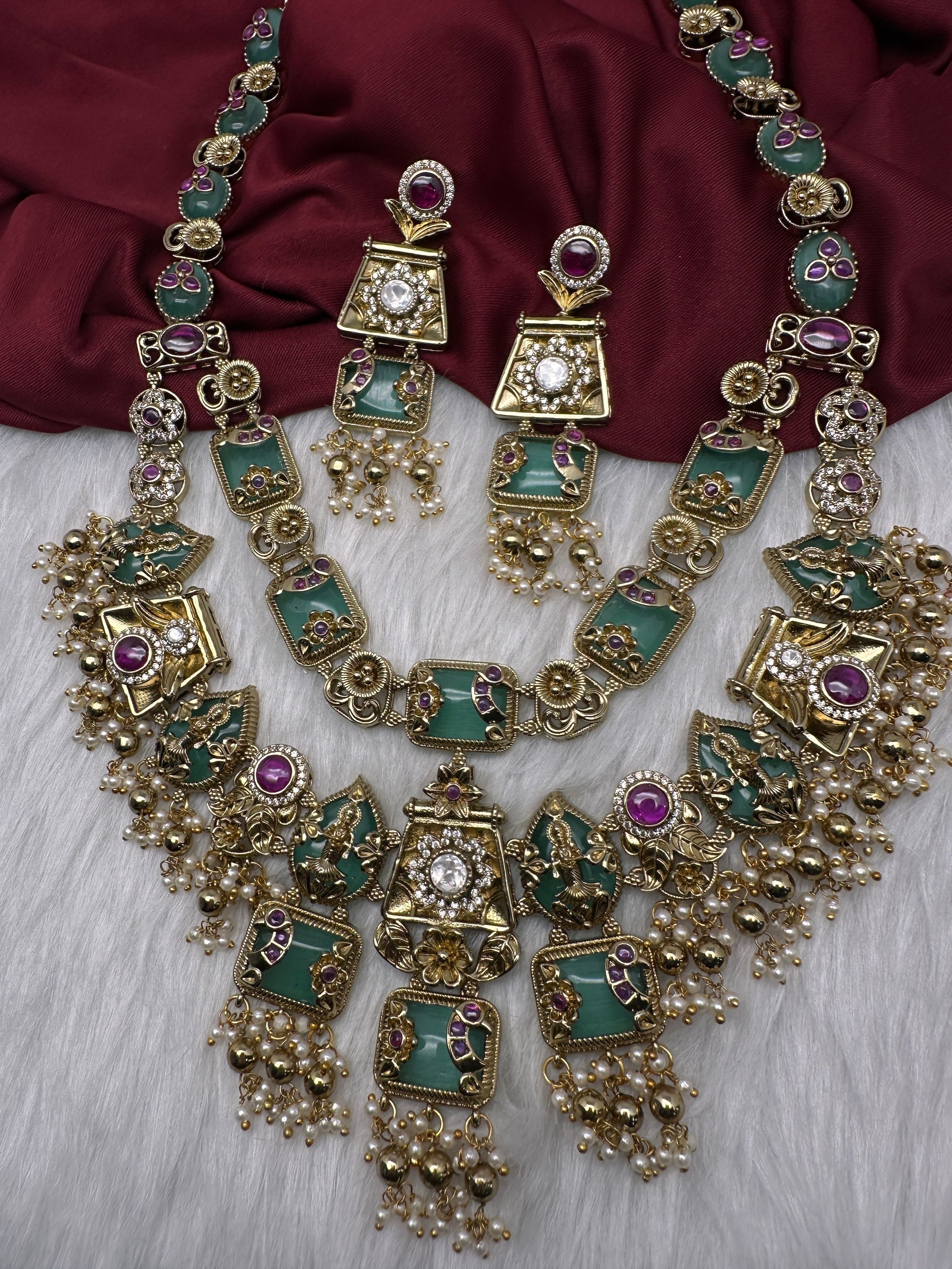 Rajwadi Double Layer Doublet Color Stone Necklace - MintGreen