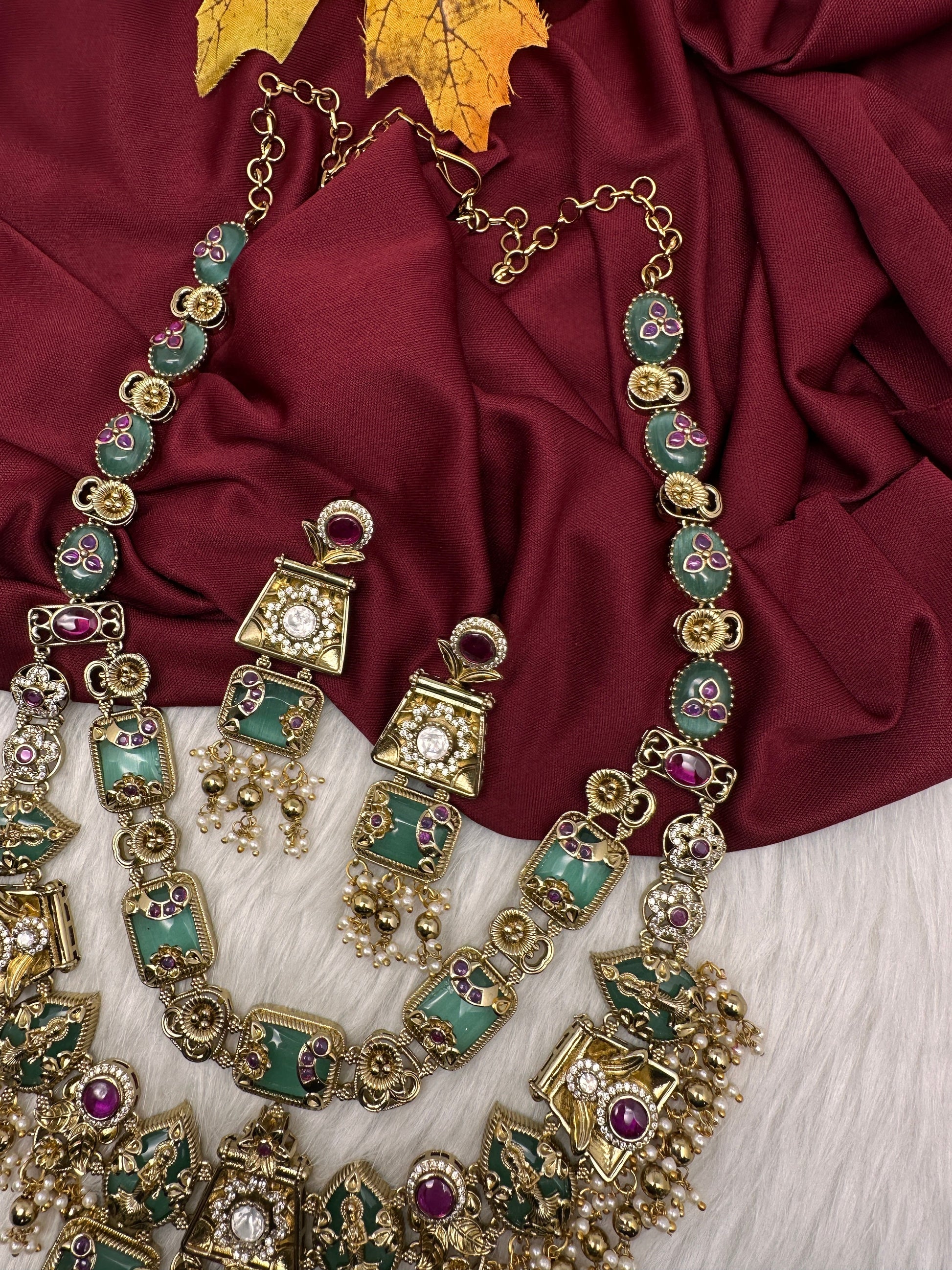 Rajwadi Double Layer Doublet Color Stone Necklace - MintGreen