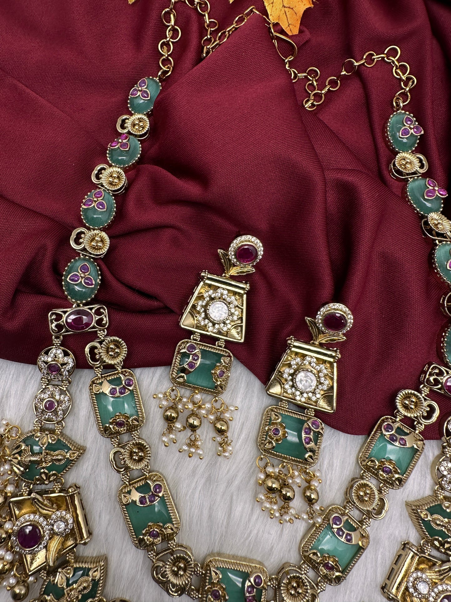 Rajwadi Double Layer Doublet Color Stone Necklace - MintGreen