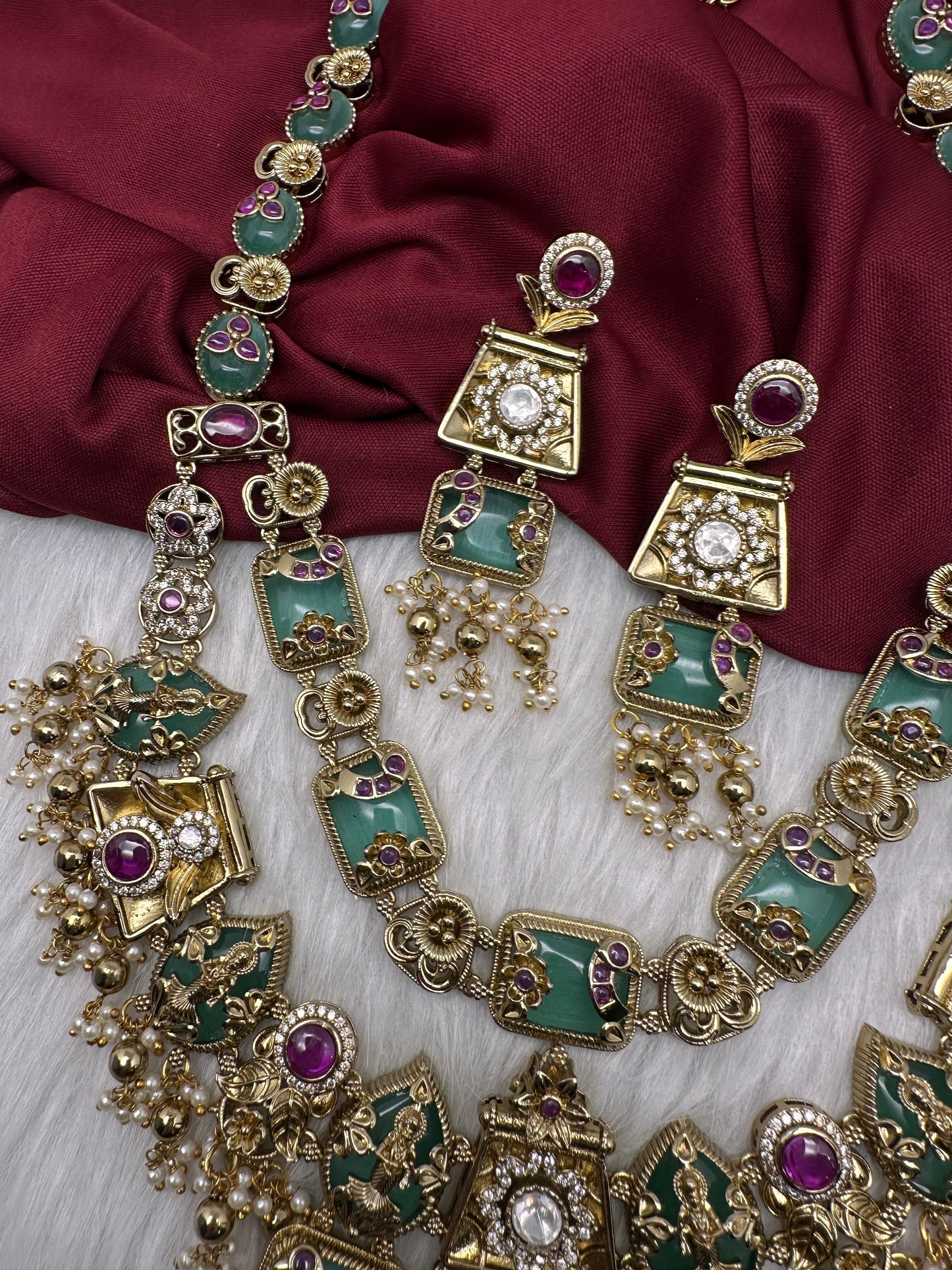 Rajwadi Double Layer Doublet Color Stone Necklace - MintGreen