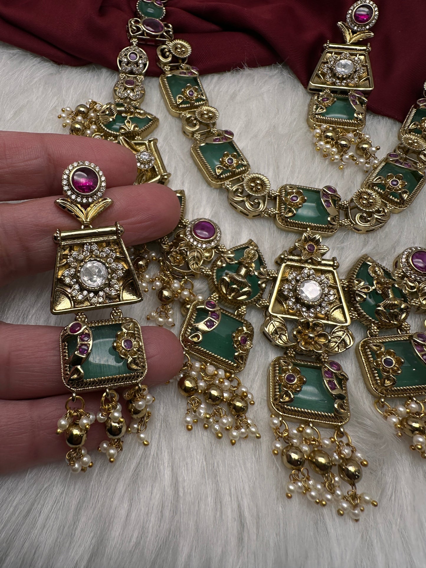 Rajwadi Double Layer Doublet Color Stone Necklace - MintGreen